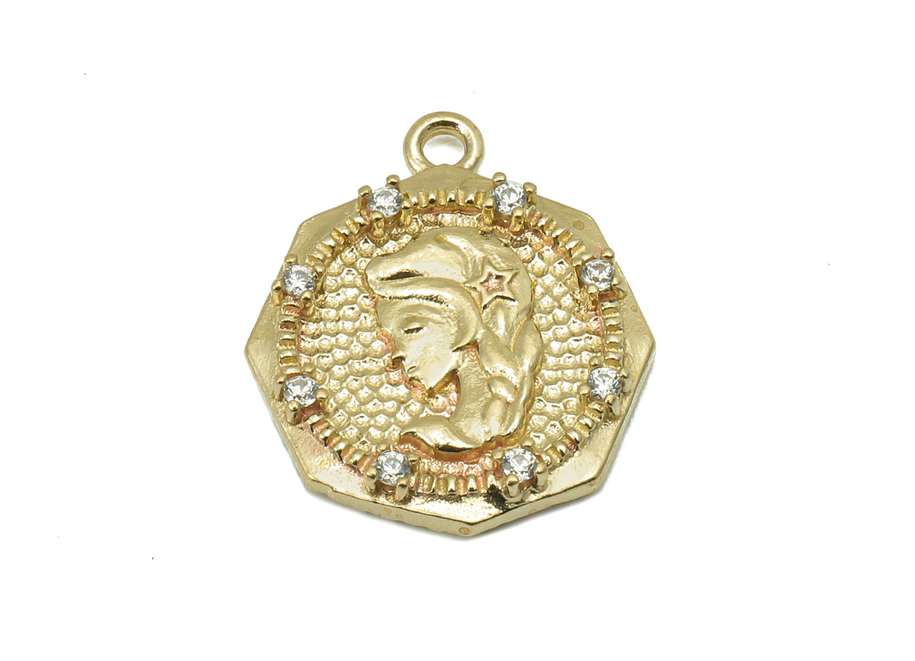 Brass Hammered Thick Octagon Charm - Raw Brass CZ Girl Earring - Rapunzel Pendant With Loop - Necklace Charm - 17.3x14.8x2.5mm - PP8187 - DOMEDBAZAAR