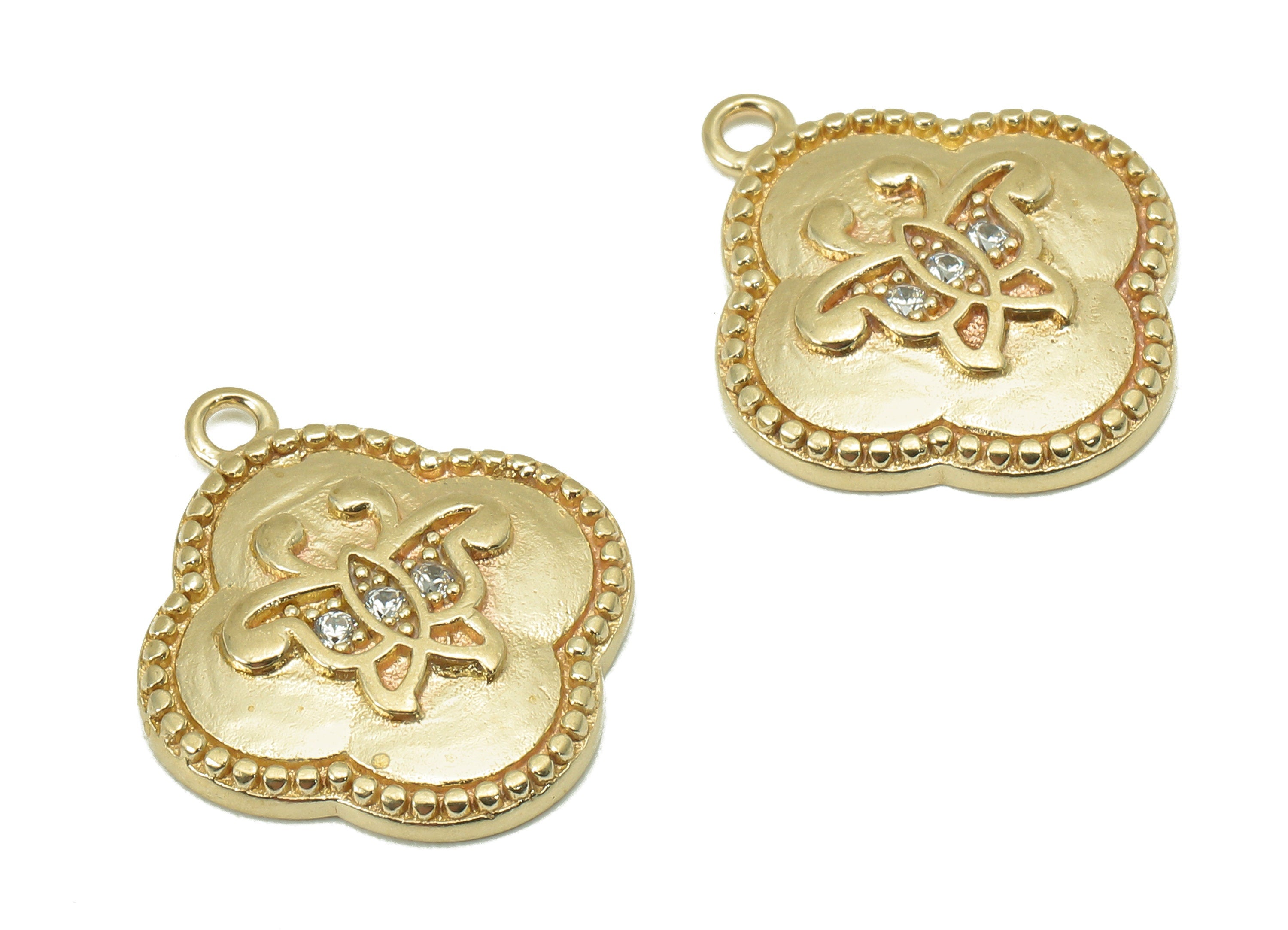 Brass Four Leaf Clover Charm - Raw Brass CZ Butterfly Earring - Pendant With Loop - Dots Charm For Necklace - 17.4x14.8x1.9mm - PP8188 - DOMEDBAZAAR