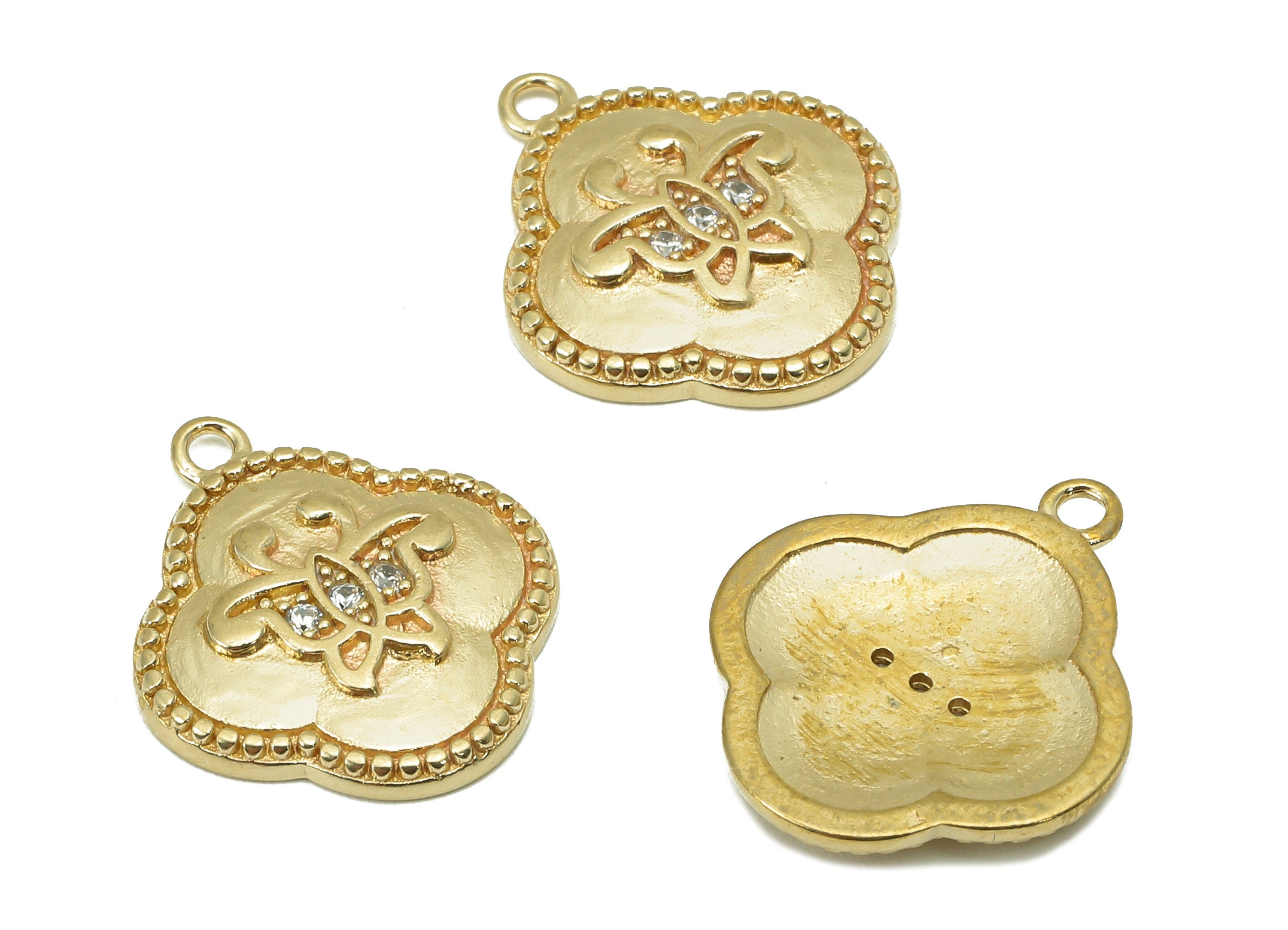 Brass Four Leaf Clover Charm - Raw Brass CZ Butterfly Earring - Pendant With Loop - Dots Charm For Necklace - 17.4x14.8x1.9mm - PP8188 - DOMEDBAZAAR