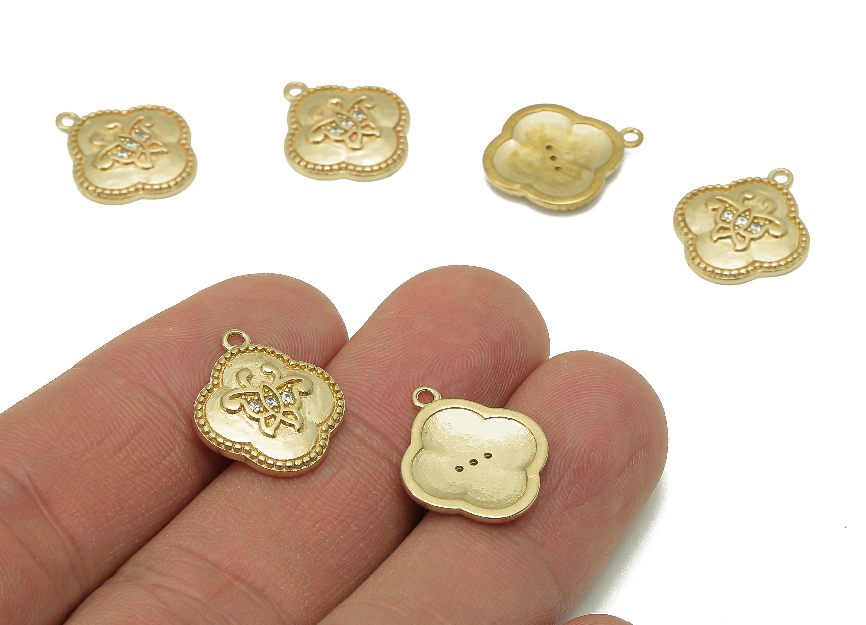 Brass Four Leaf Clover Charm - Raw Brass CZ Butterfly Earring - Pendant With Loop - Dots Charm For Necklace - 17.4x14.8x1.9mm - PP8188 - DOMEDBAZAAR