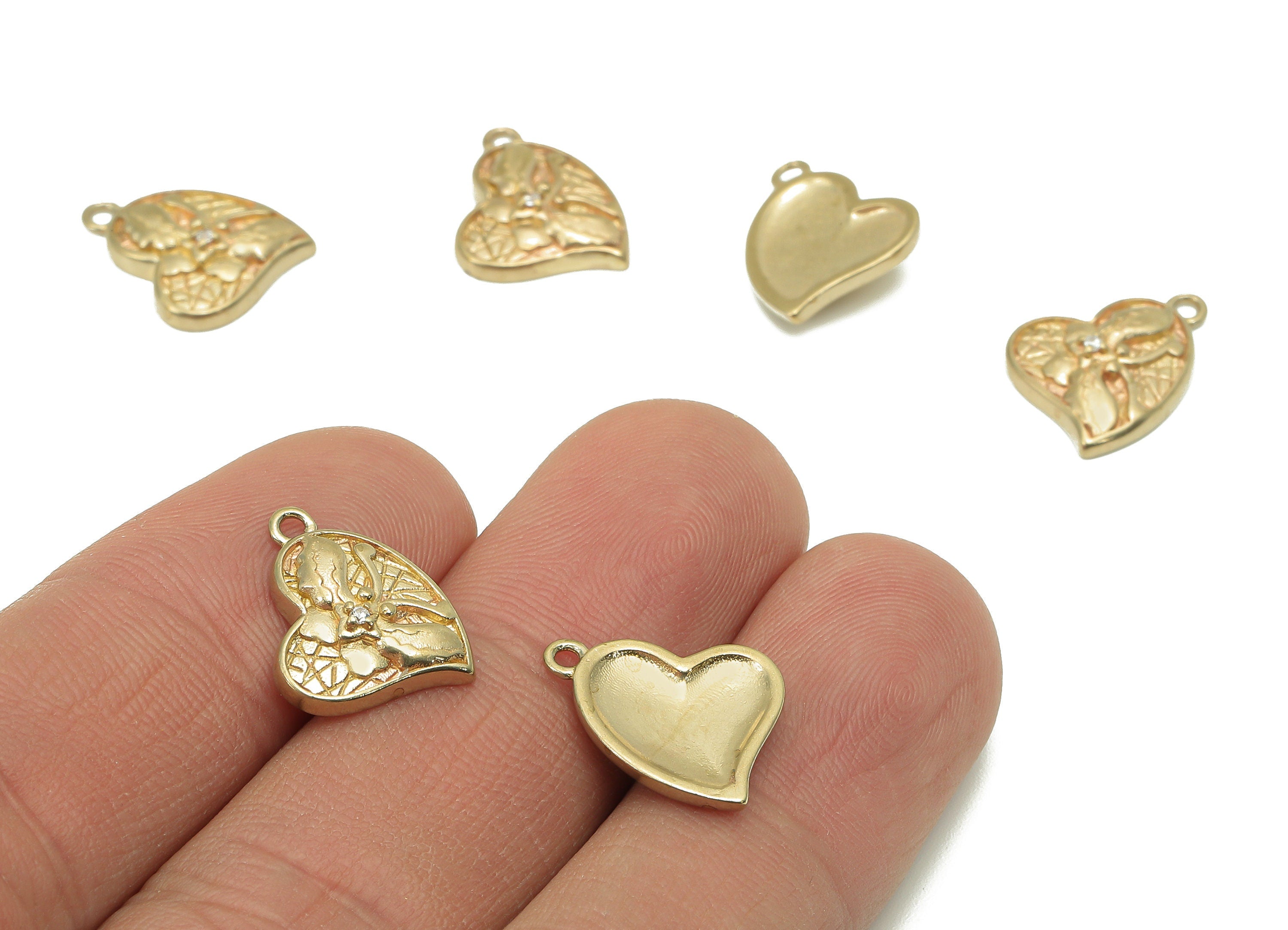 Brass Textured Heart Earring Charm - Raw Brass CZ Butterfly Earring - Pendant With Loop - Charm For Necklace - 15.9x14.5x2mm - PP8190 - DOMEDBAZAAR