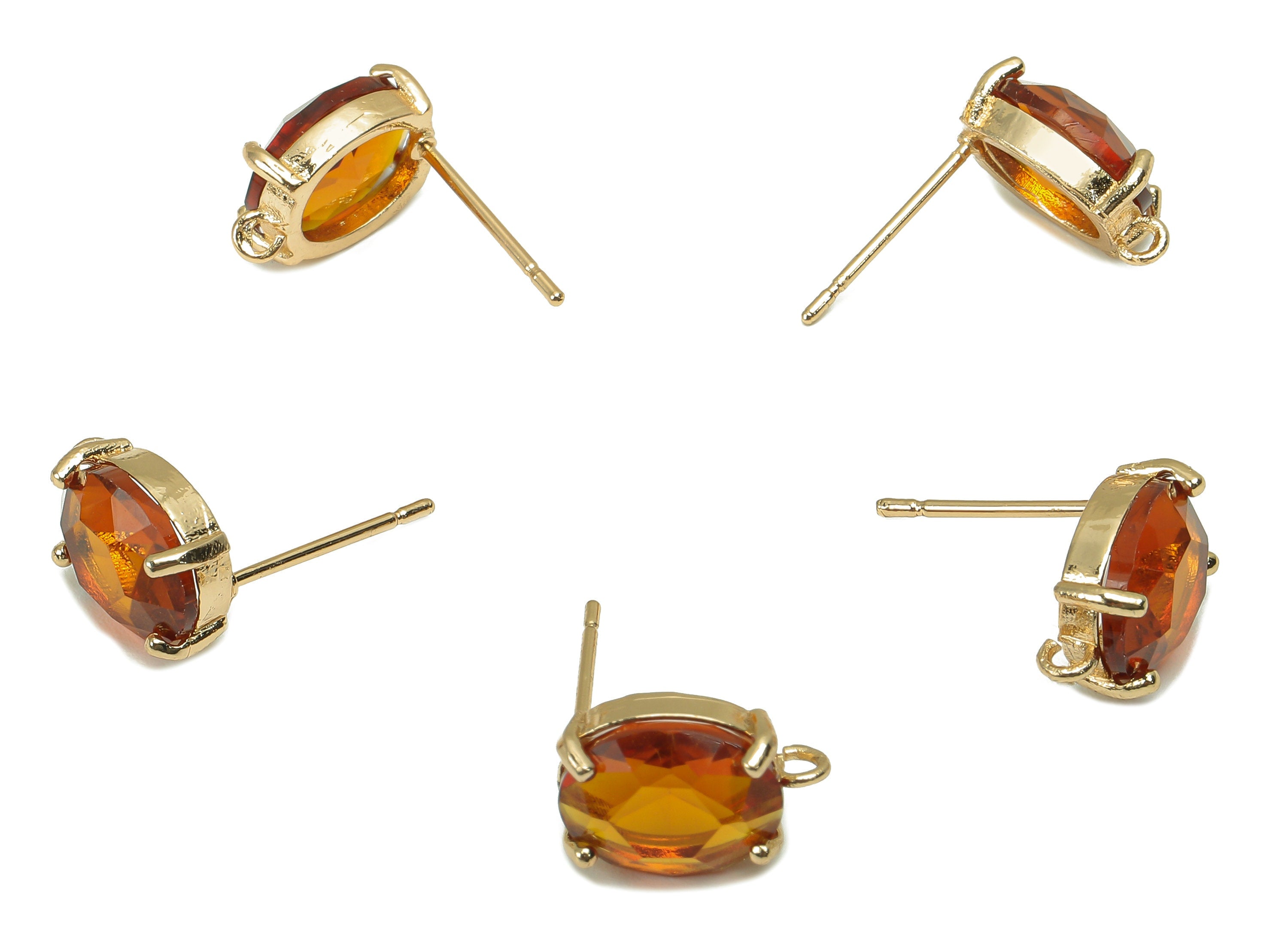 Brass Frame Oval Stud Earring - Faceted Clear Orange Glass With Loop - Silver Stud - Gold Tone Plating - 12.2x8x4mm - GS1156B - DOMEDBAZAAR