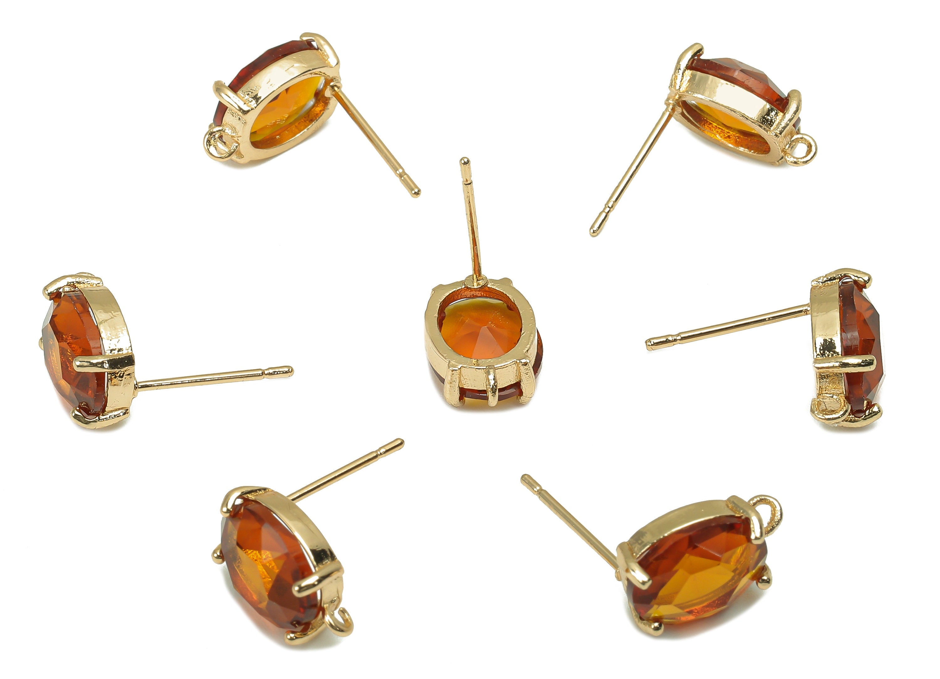 Brass Frame Oval Stud Earring - Faceted Clear Orange Glass With Loop - Silver Stud - Gold Tone Plating - 12.2x8x4mm - GS1156B - DOMEDBAZAAR