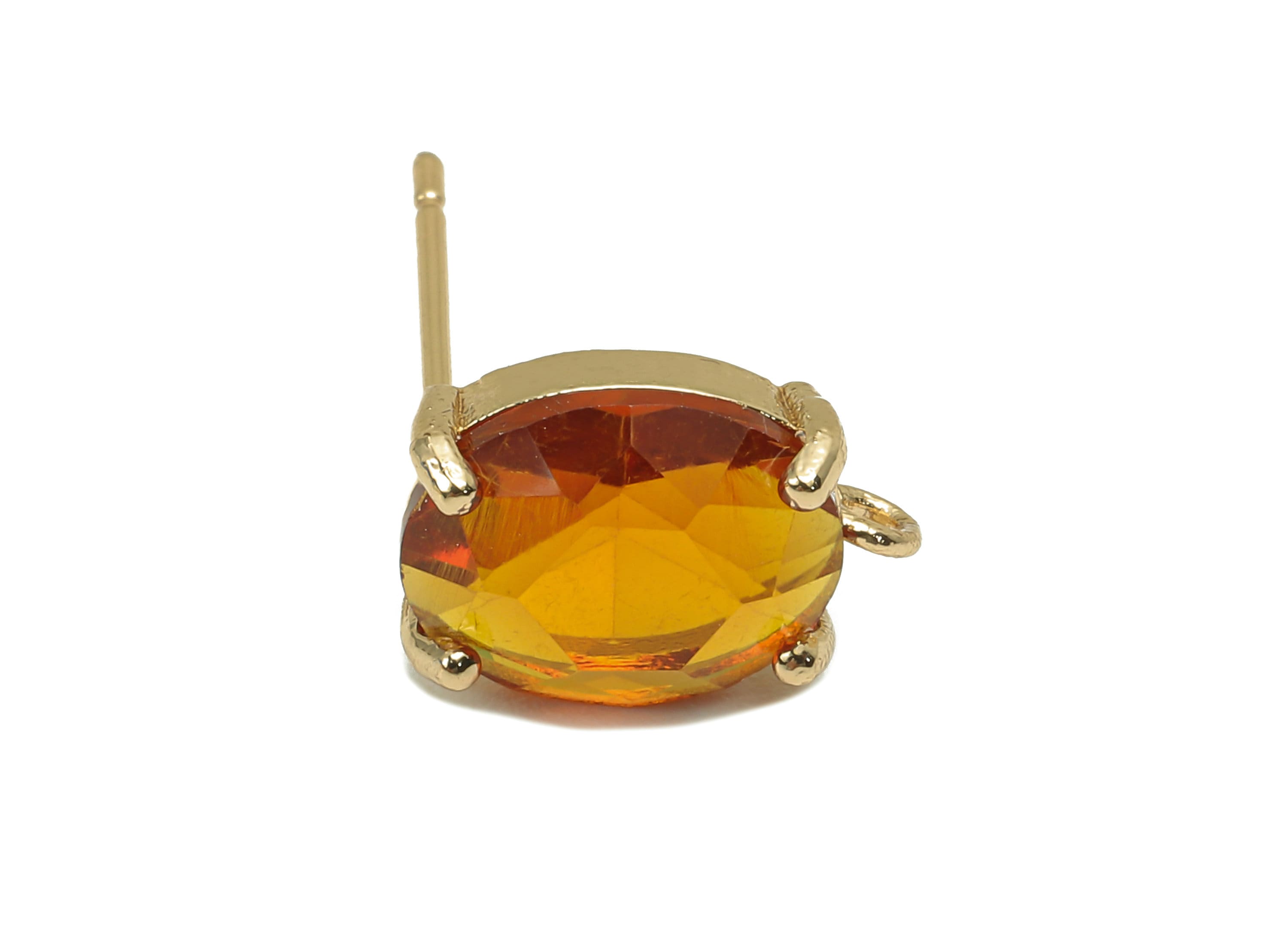 Brass Frame Oval Stud Earring - Faceted Clear Orange Glass With Loop - Silver Stud - Gold Tone Plating - 12.2x8x4mm - GS1156B - DOMEDBAZAAR