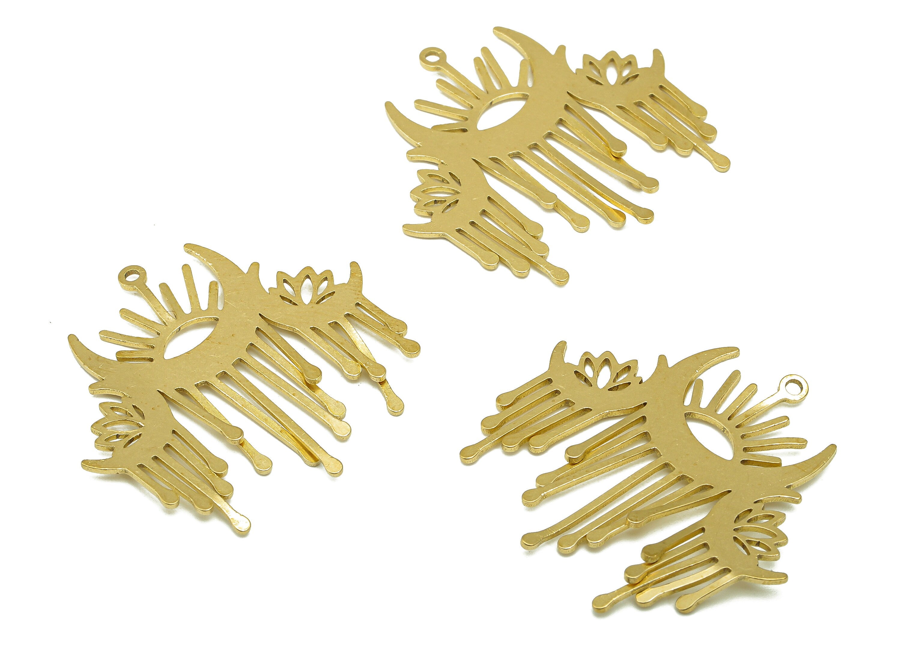 Brass Crescent Pendant - Raw Brass Moon Earring Charm - Sun Cutout Earring With Loop - Flower Charm For Necklace - 25.1x23.2x0.6mm - PPA6629 - DOMEDBAZAAR