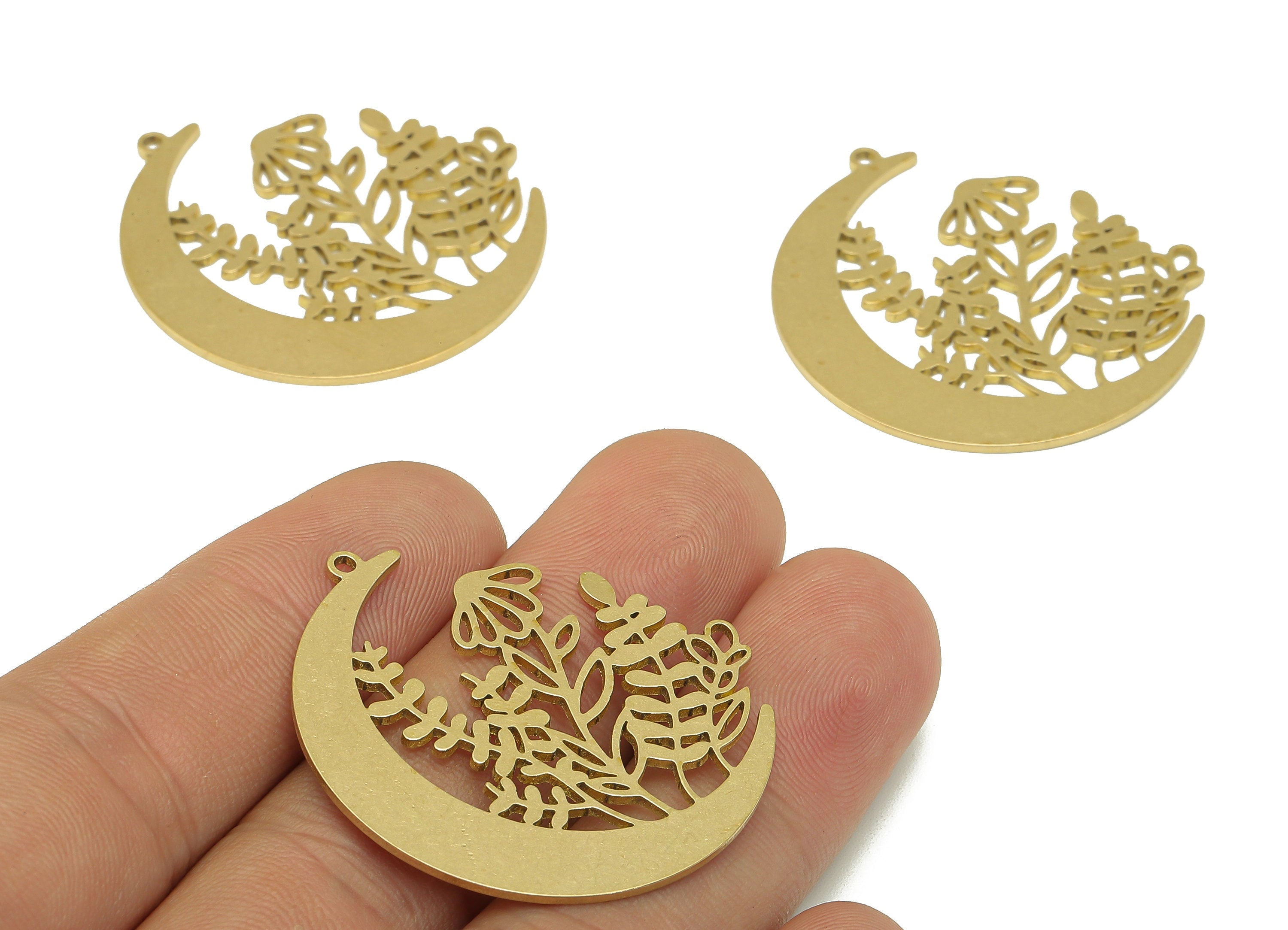 Brass Crescent Earring Charm - Raw Brass Moon Botanical Pendant - Leaves Earring With Loop - Flower Charm For Necklace - 36x34x1mm - PPA6677 - DOMEDBAZAAR