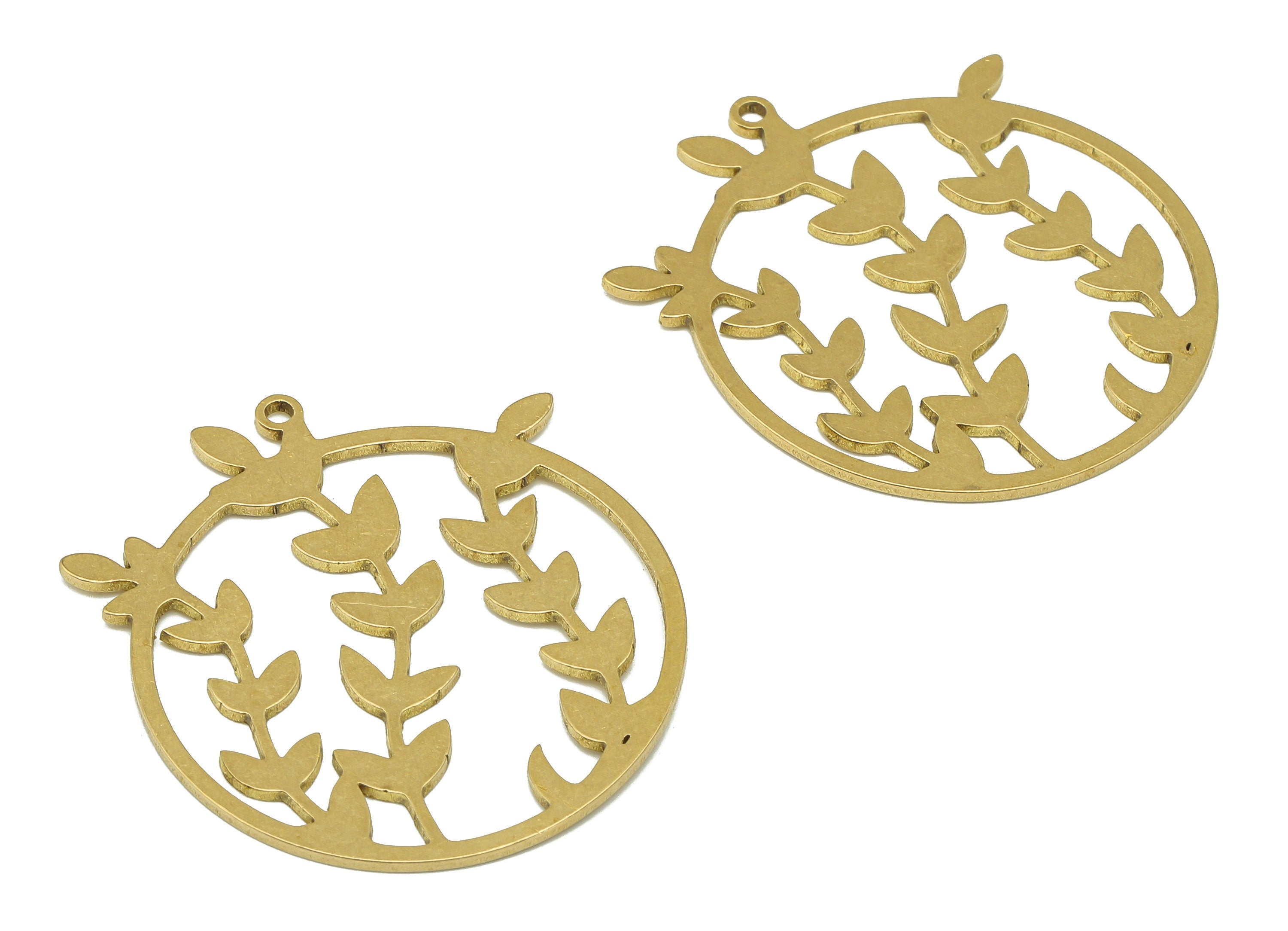 Brass Round Leaf Earring Charm - Raw Brass Circle Earring - Branch Pendant With Loop - Leaves Charm For Necklace - 35.9x31.4x0.9mm - PPA6719 - DOMEDBAZAAR