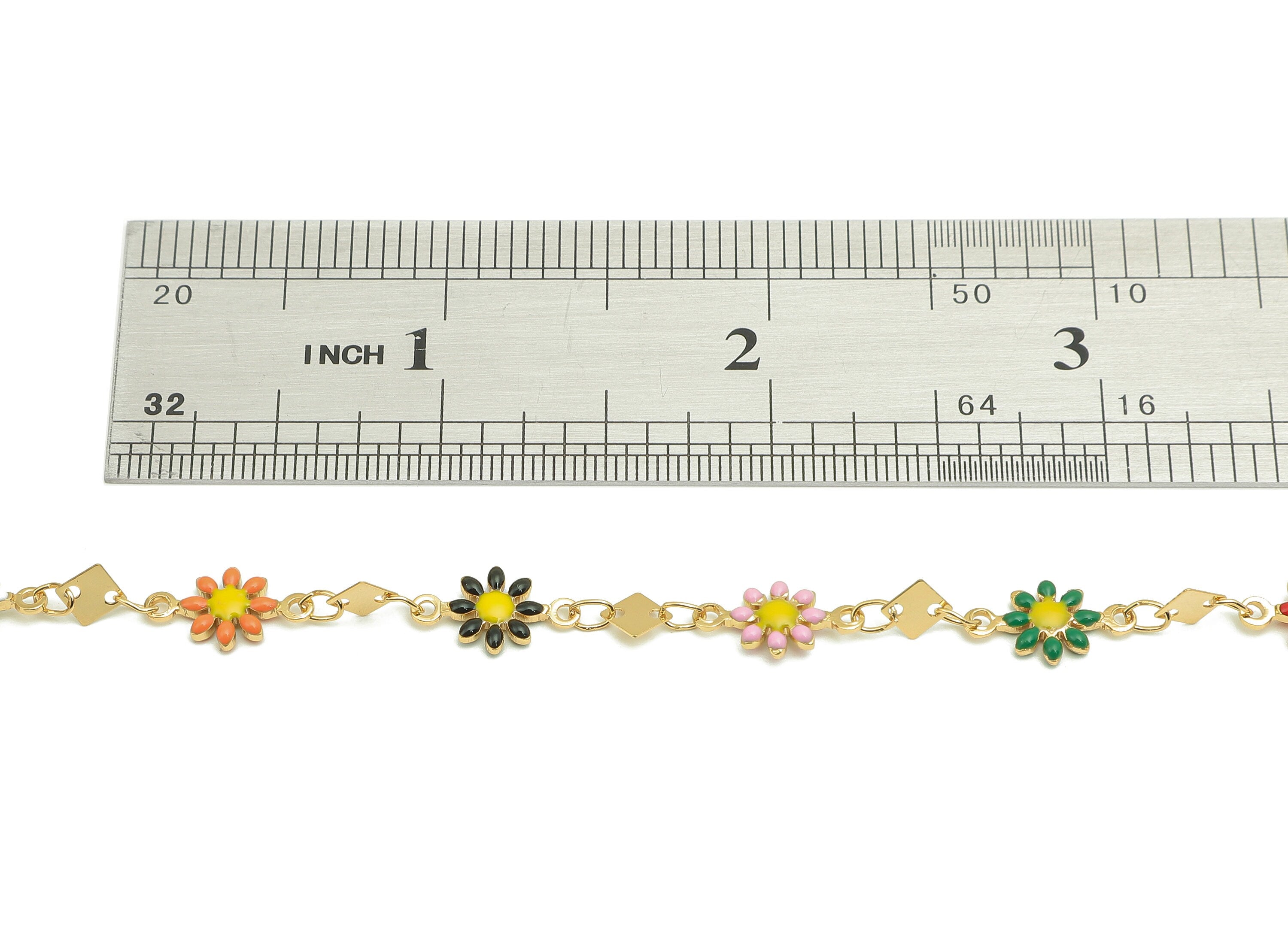 Brass Daisy Chain - Enamel Rainbow Flower Chains - Floral Link Chain - For Bracelet - 18K Real Gold Plating - 12.8x7.4x2.3mm - RGP5654B - DOMEDBAZAAR