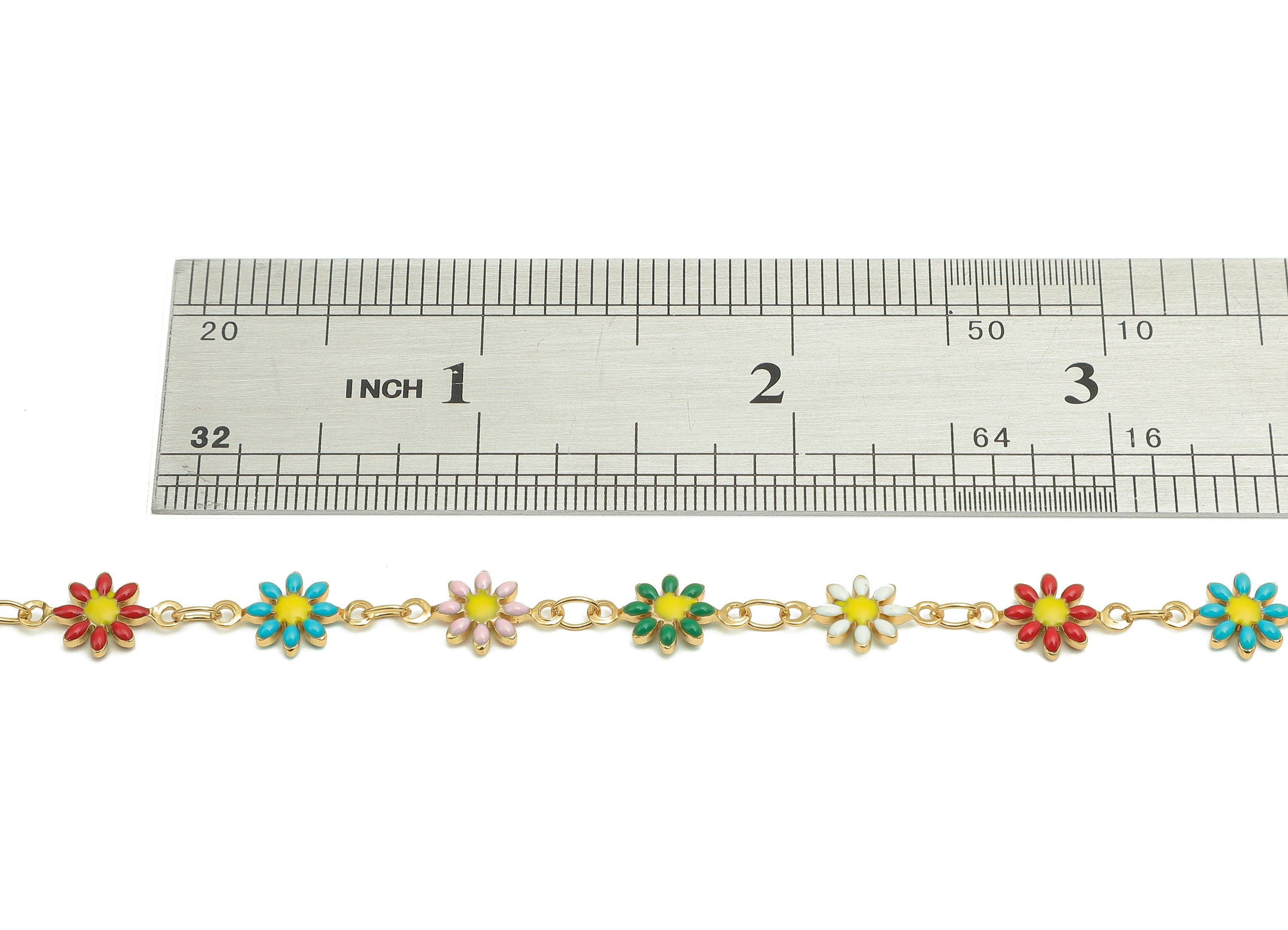 Brass Daisy Chain - Enamel Rainbow Flower Chains - Floral Link Chain - For Bracelet - 18K Real Gold Plating - 12.8x7.4x2.3mm - RGP5654C - DOMEDBAZAAR