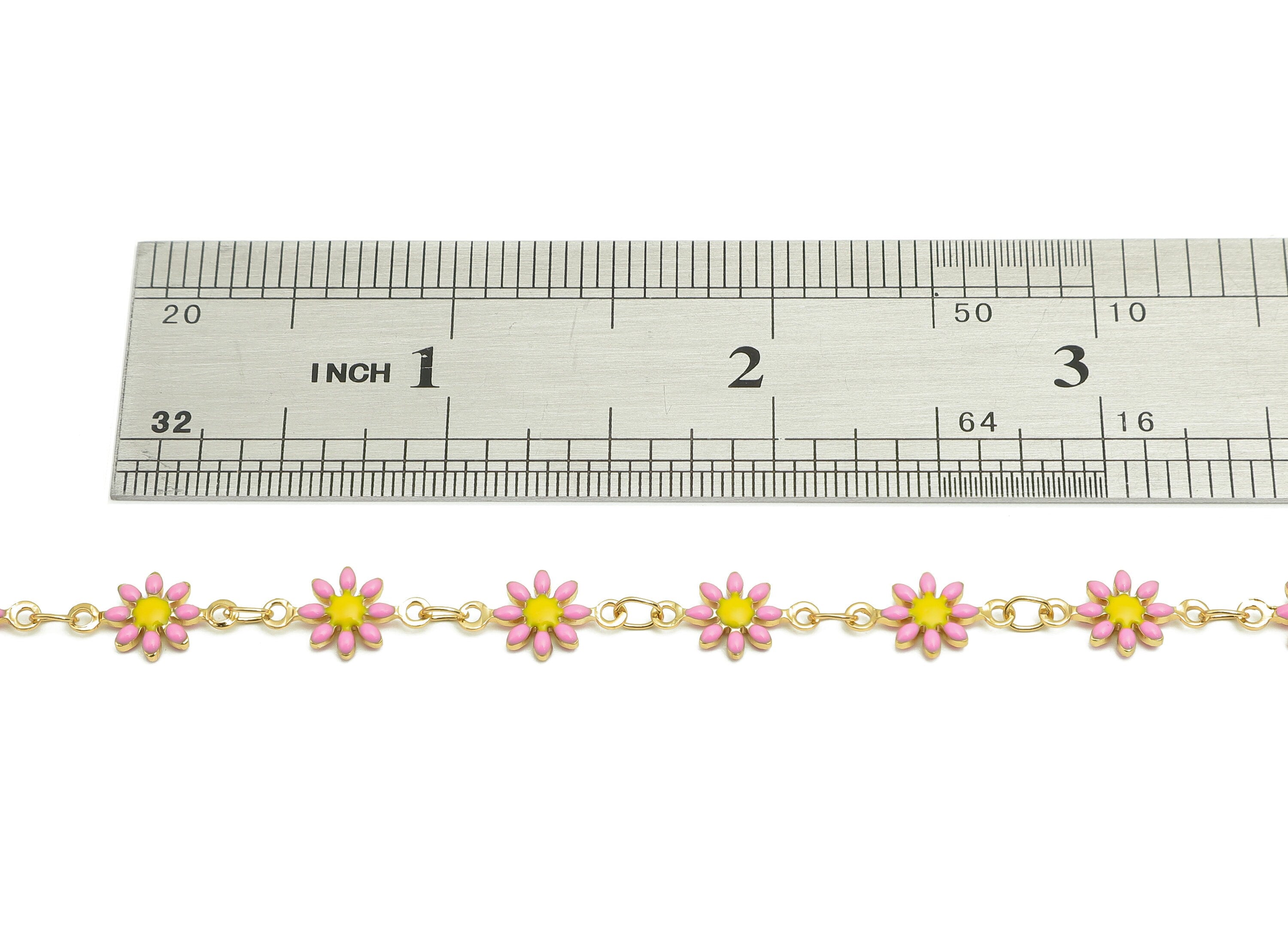 Brass Daisy Chain - Enamel Pink Flower Chains - Floral Link Chain Findings - For Bracelet - 18K Real Gold Plating - 12.8x7.4x2.3mm -RGP5654E - DOMEDBAZAAR