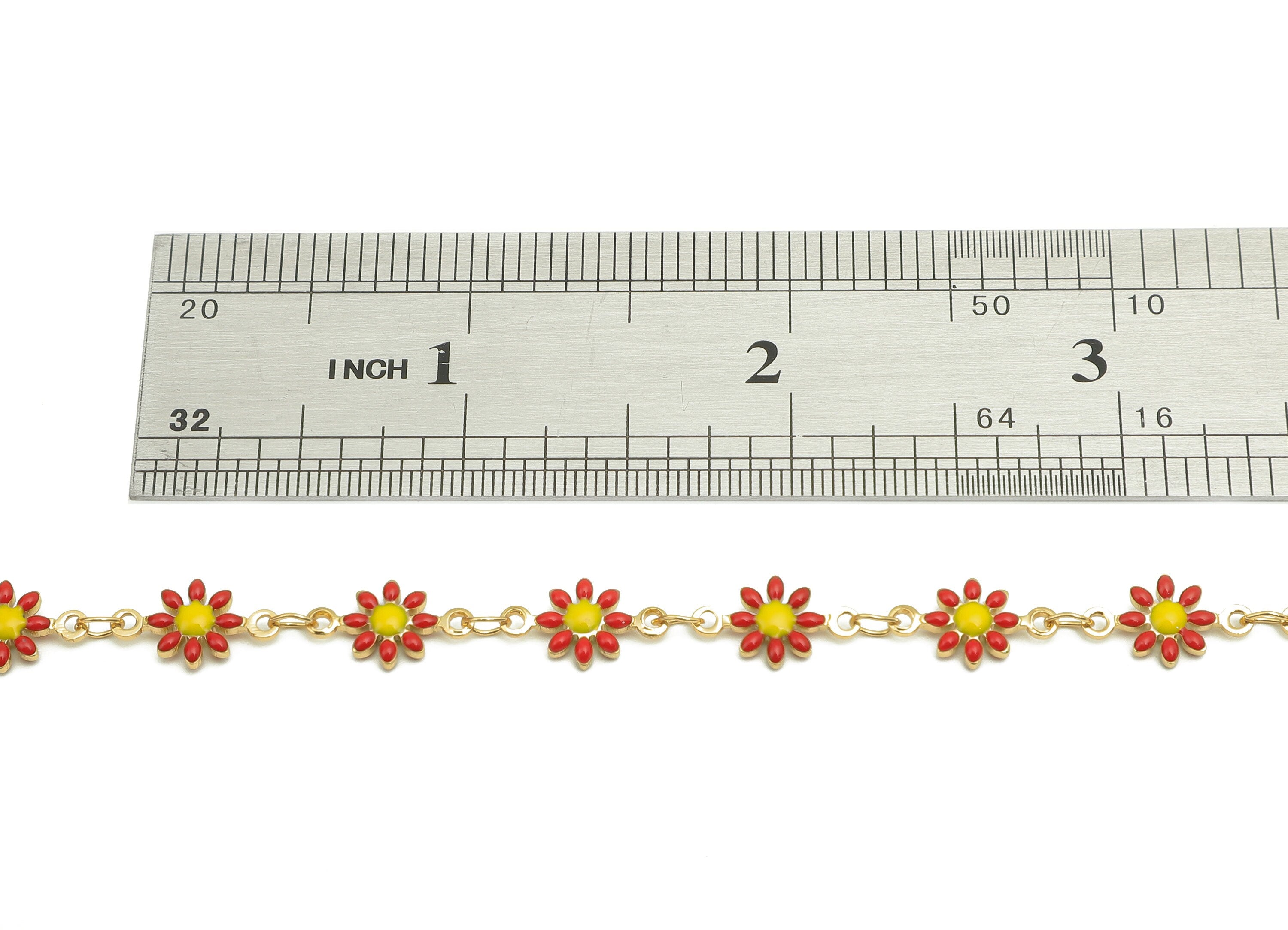 Brass Daisy Chain - Enamel Red Flower Chains - Floral Link Chain Findings - For Bracelet - 18K Real Gold Plating - 12.8x7.4x2.3mm - RGP5654F - DOMEDBAZAAR
