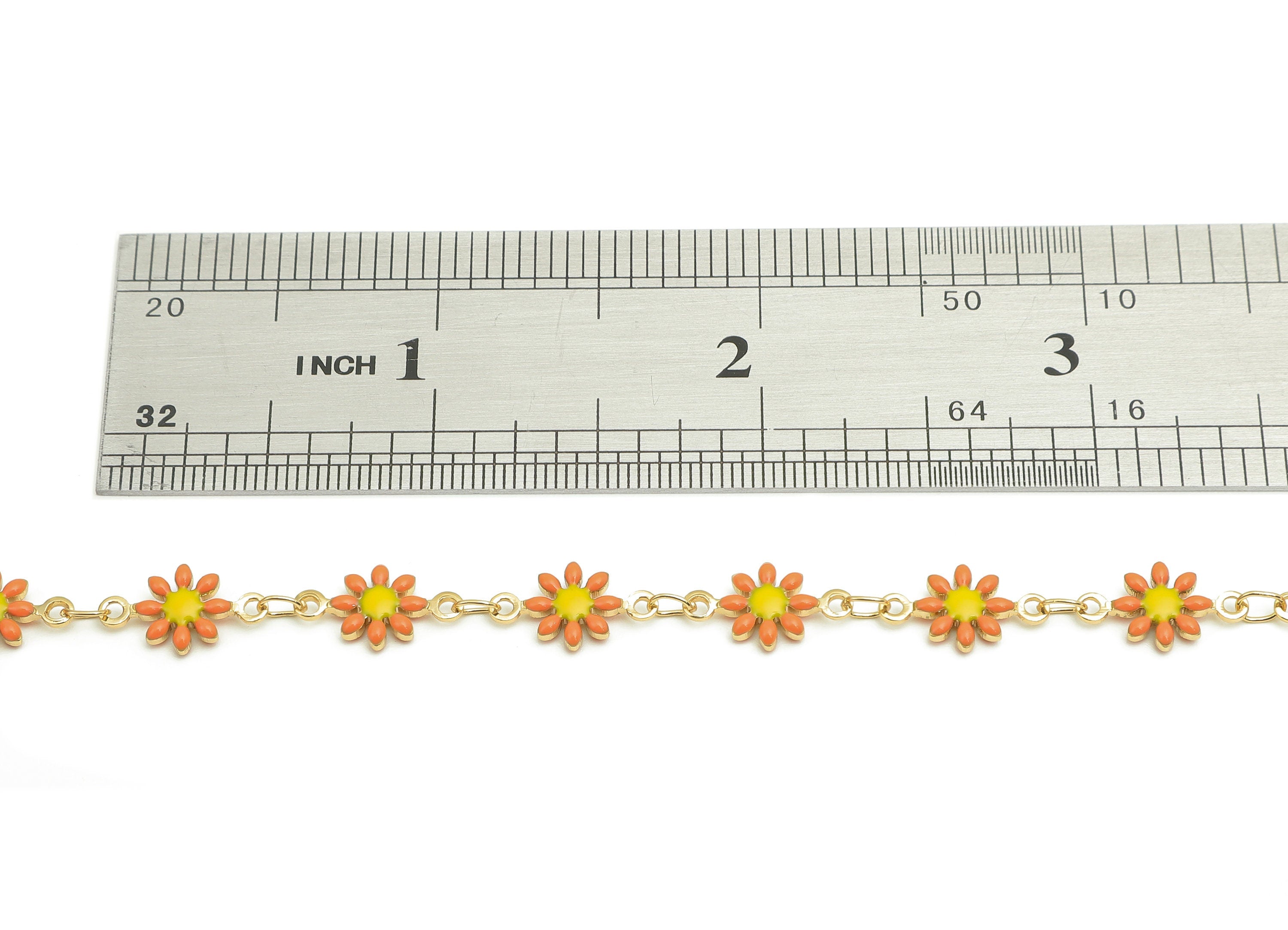 Brass Daisy Chain - Enamel Orange Flower Chains - Floral Link Chain - For Bracelet - 18K Real Gold Plating - 12.8x7.4x2.3mm - RGP5654H - DOMEDBAZAAR