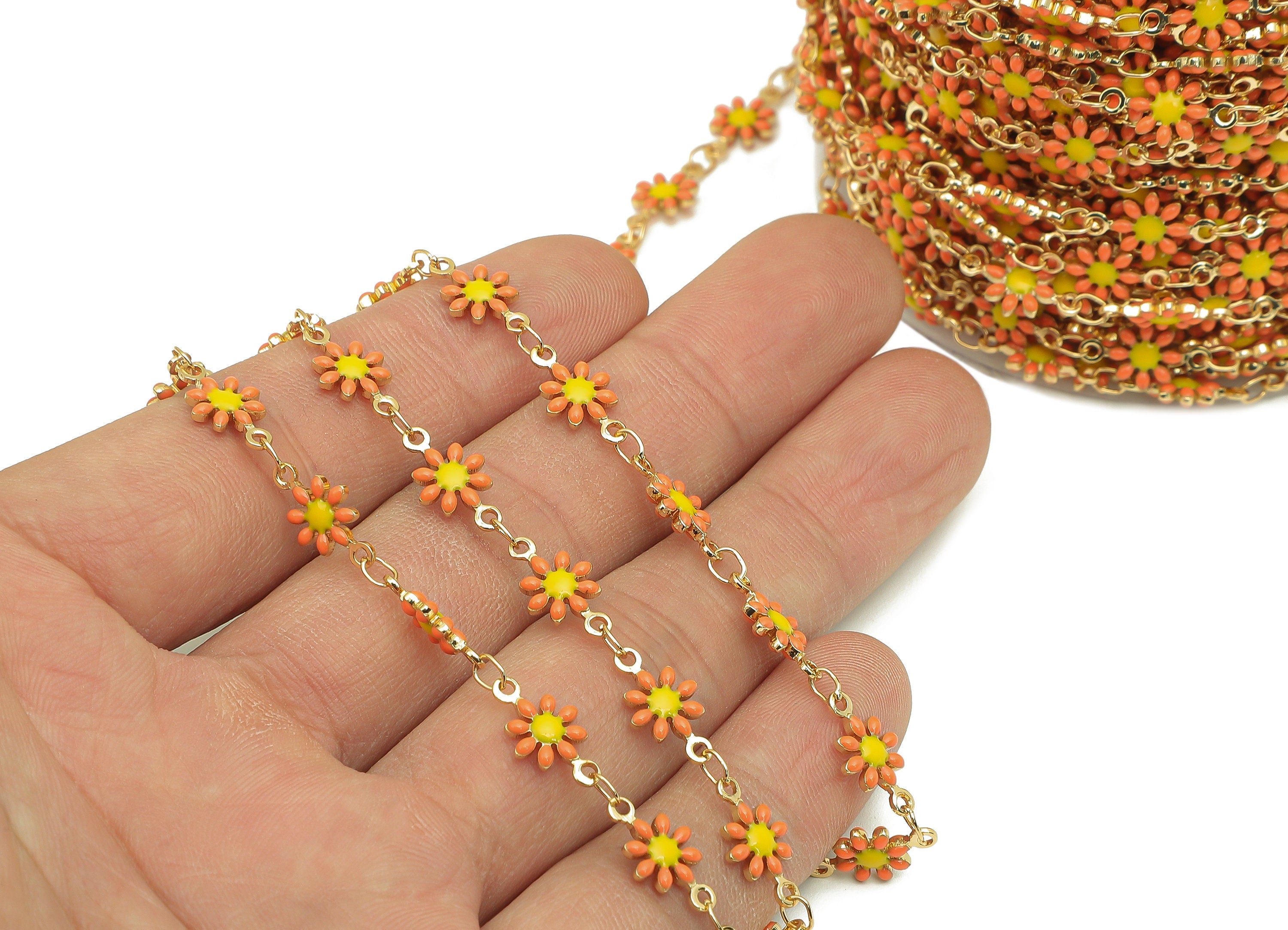 Brass Daisy Chain - Enamel Orange Flower Chains - Floral Link Chain - For Bracelet - 18K Real Gold Plating - 12.8x7.4x2.3mm - RGP5654H - DOMEDBAZAAR