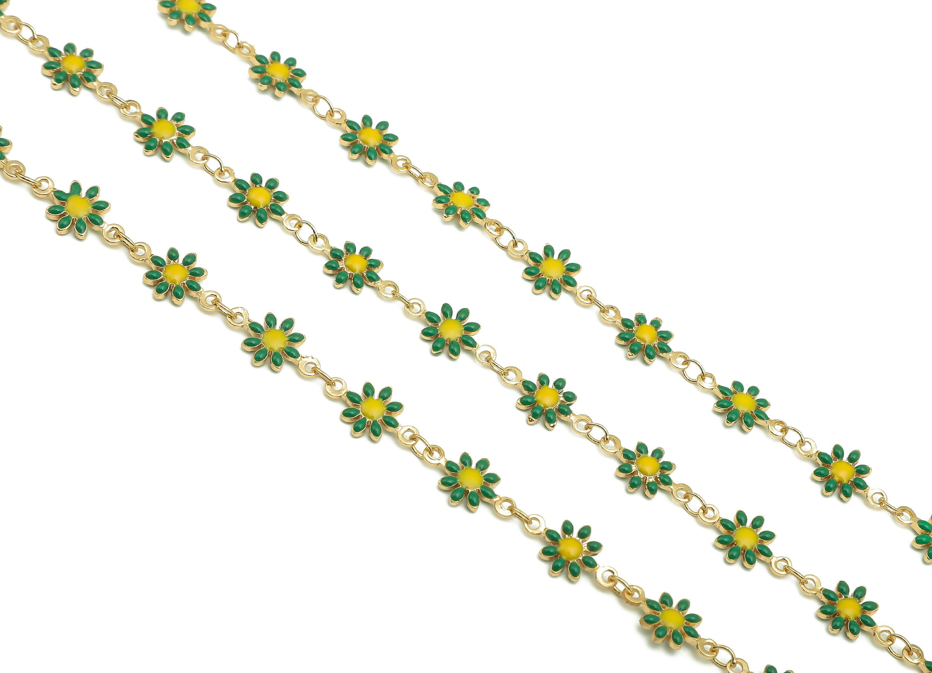 Brass Daisy Chain - Enamel Green Flower Chains - Floral Link Chain Findings - For Bracelet - 18K Real Gold Plating - 12.8x7.4x2.3mm-RGP5654D - DOMEDBAZAAR