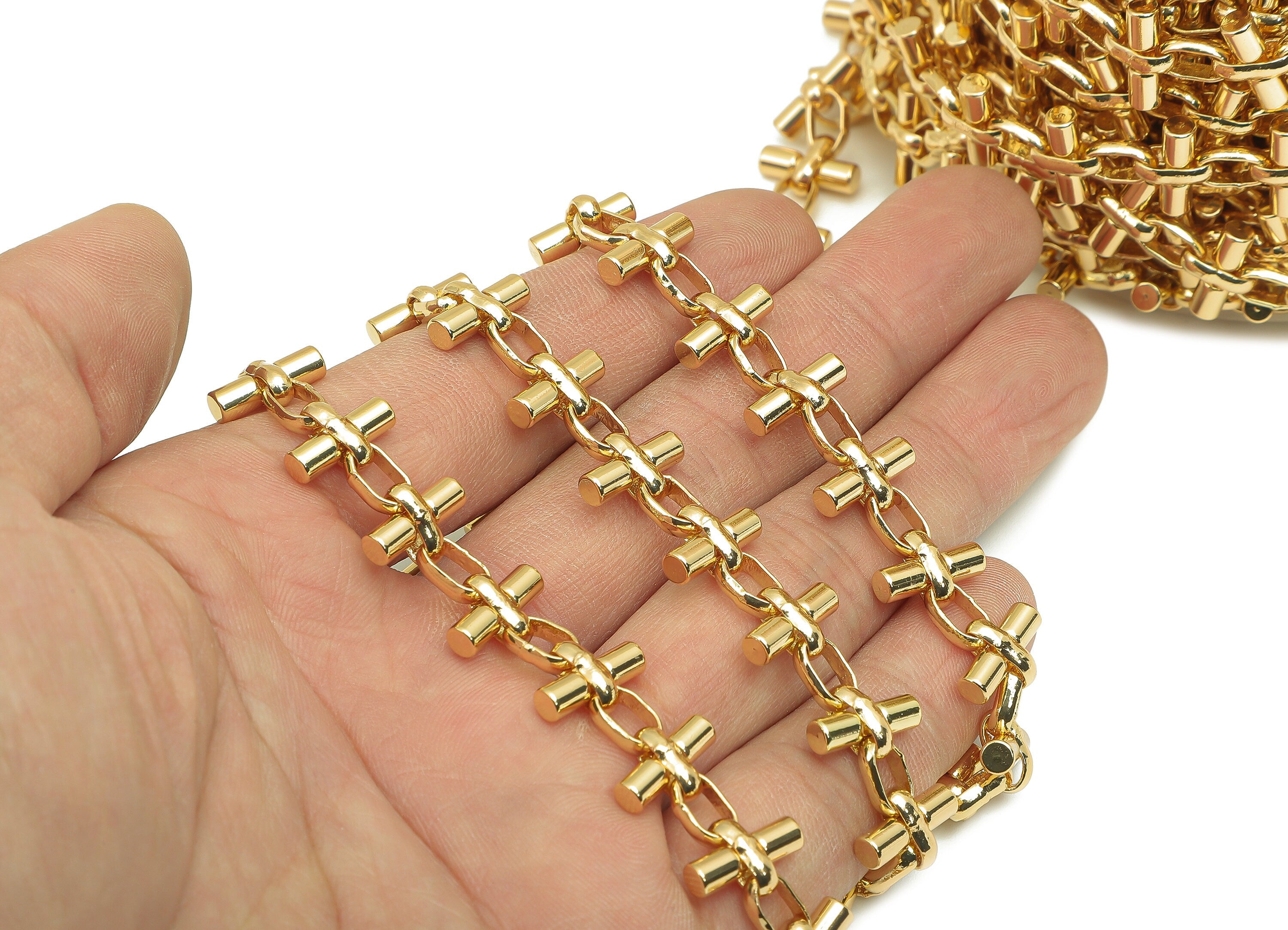 Brass Thick Oval Cylinder Chain - Lattice Chains For Bracelet - Bar Beaded Satellite Chain - 18K Real Gold Plating - 12.11x8.7x4.6mm-RGP5658 - DOMEDBAZAAR
