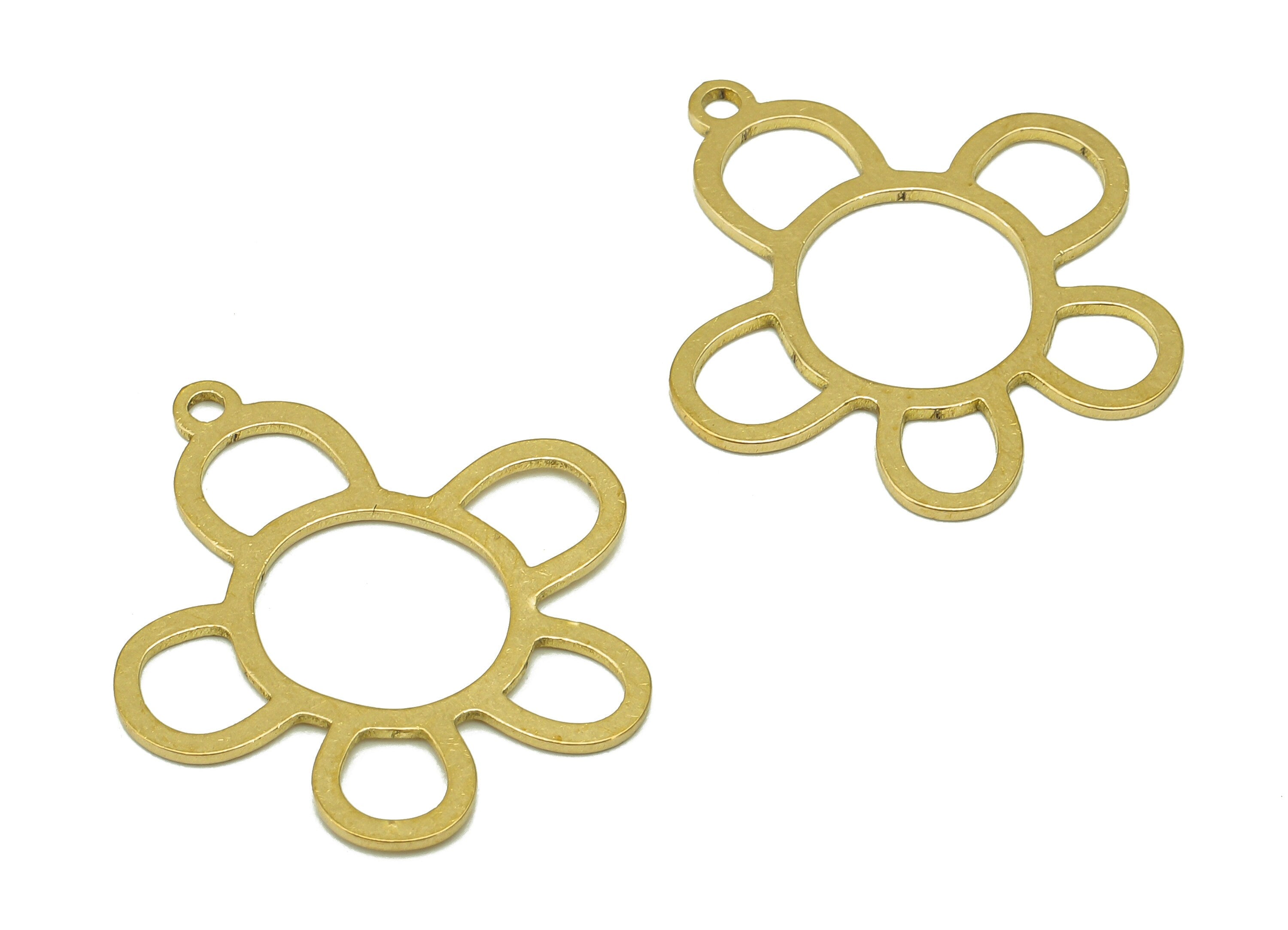 Brass Flower Earring Charms - Raw Brass Hollow Circle Earring - Botanical Pendant With Loop - For Necklace - 34.61x26.61x0.78mm - PPA6929 - DOMEDBAZAAR