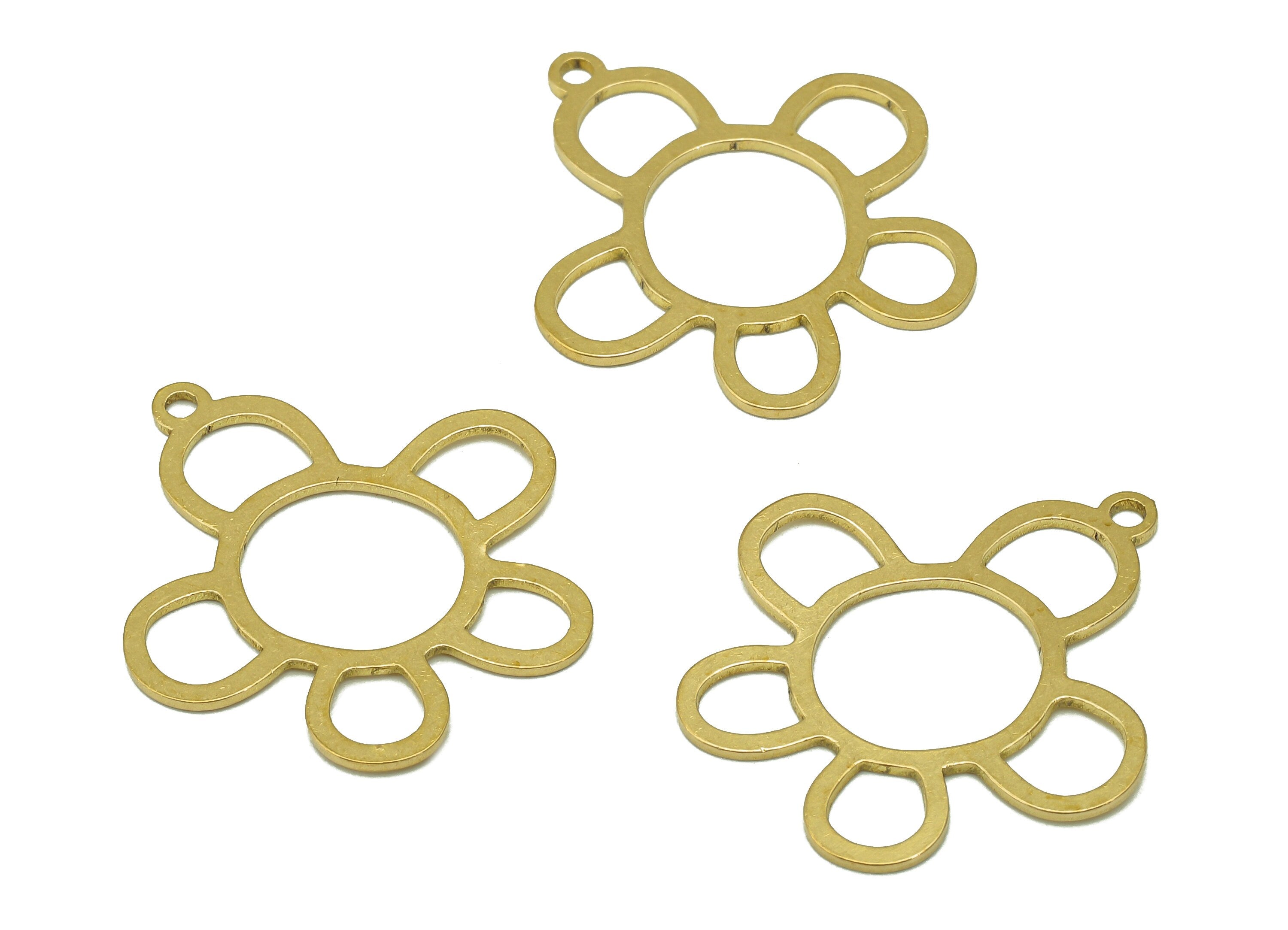Brass Flower Earring Charms - Raw Brass Hollow Circle Earring - Botanical Pendant With Loop - For Necklace - 34.61x26.61x0.78mm - PPA6929 - DOMEDBAZAAR
