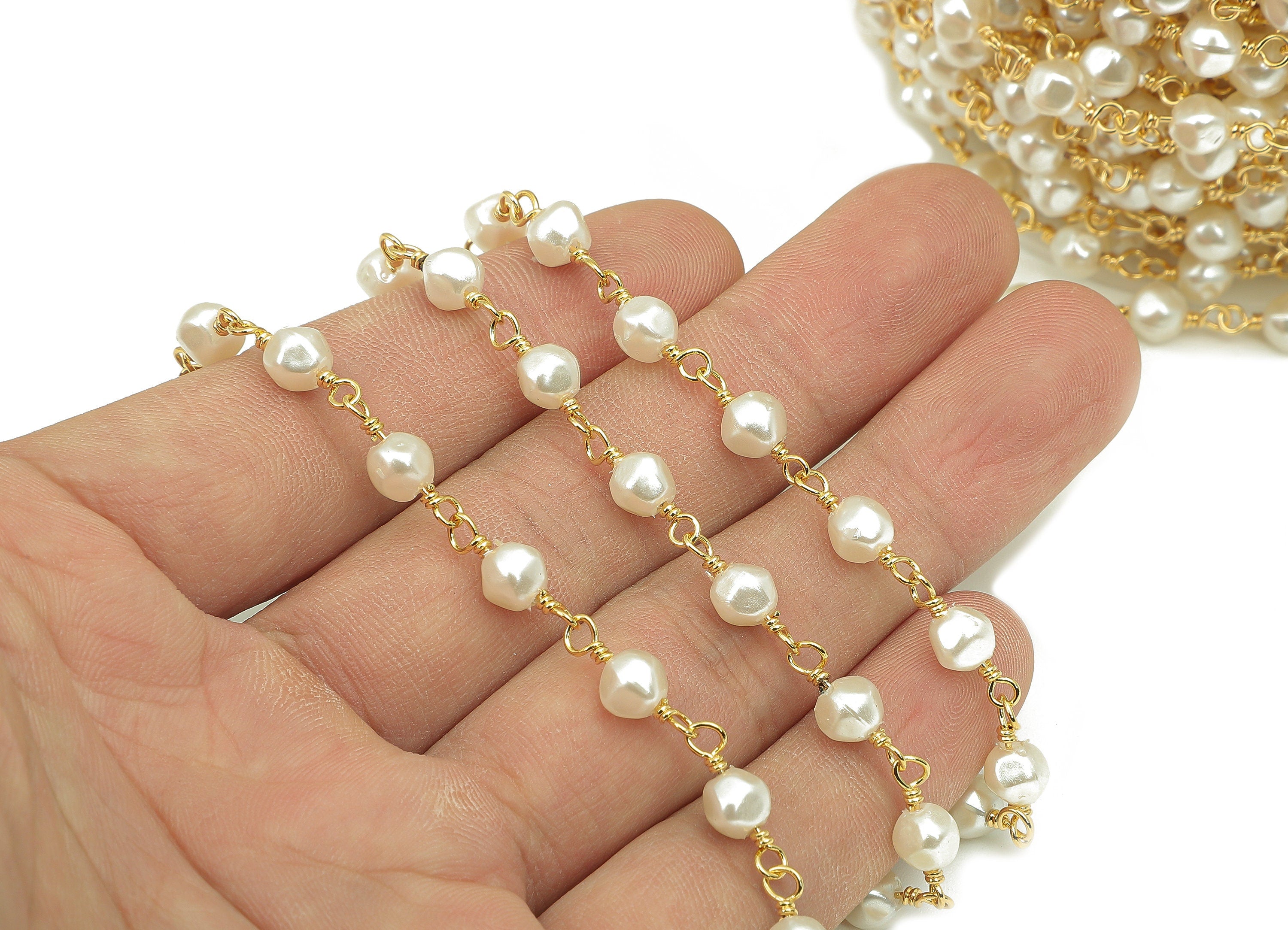Brass Beads Chain - Gold Pearl Beaded Chains - Pearl Bead Chain - Gift For Her For Necklace - 18K Chains - 14x5.3x5.3mm - RGP5817 - DOMEDBAZAAR