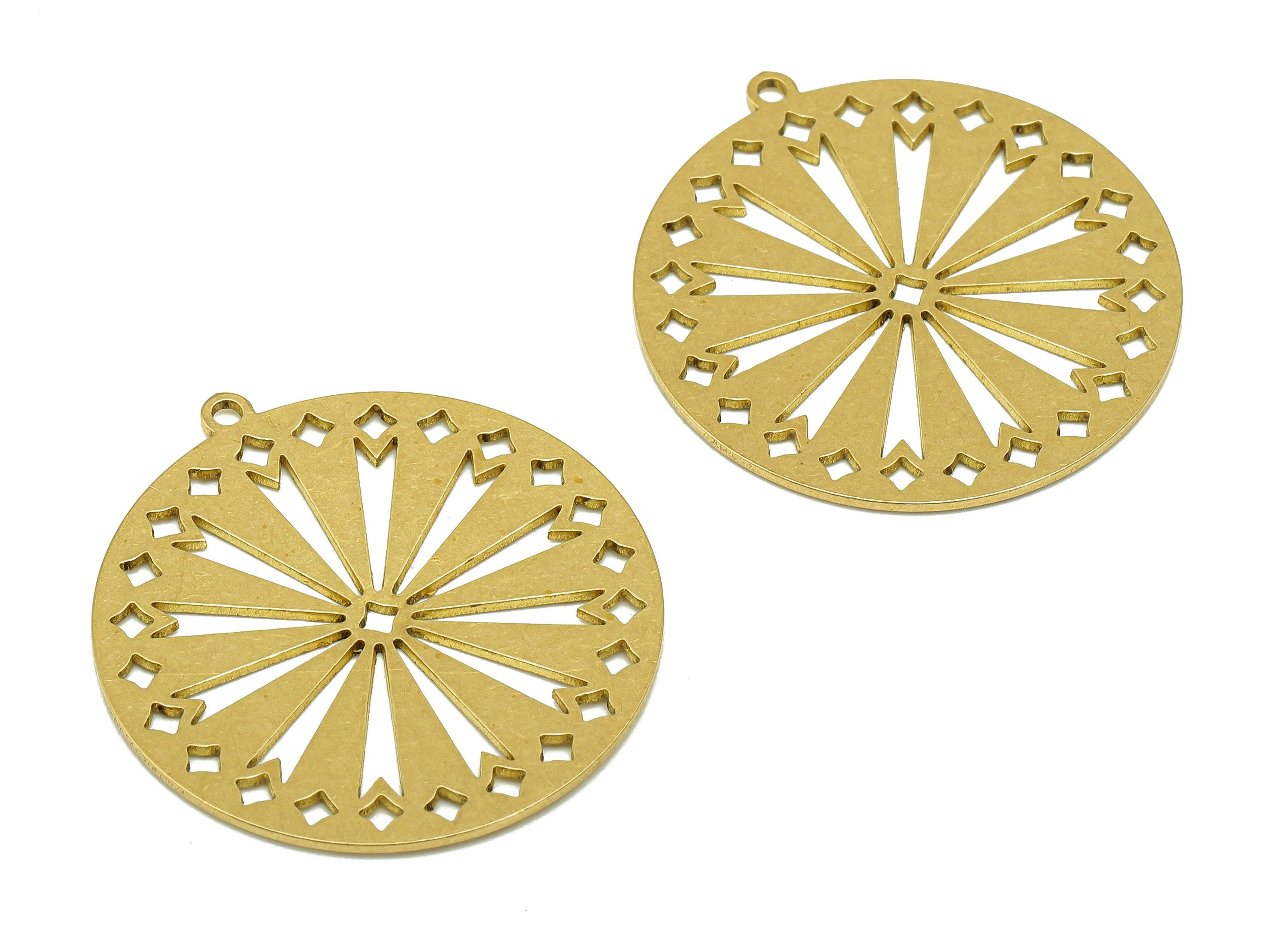 Brass Round Flower Earring Charms - Raw Brass Falling Stars Earring - Shooting Stars Pendant With Loop - 31.84x29.66x0.69mm - PPA7005 - DOMEDBAZAAR