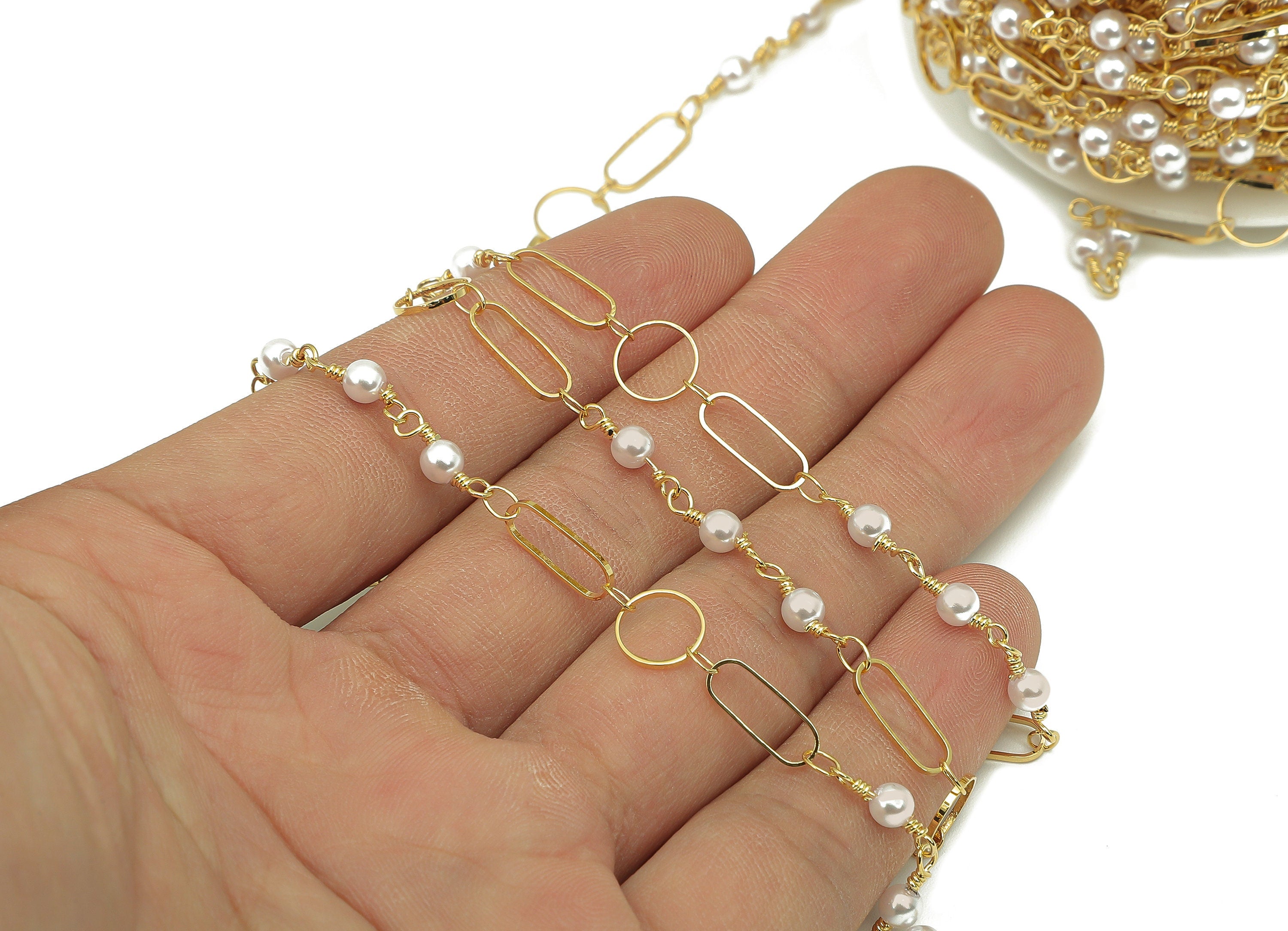 Brass Oval Round Cable Chain - Gold Satellite Cable Chain - Pearl Satellite Bead Chain - 18K Chains - 12.1x3.9x1.4mm - RGP5906 - DOMEDBAZAAR