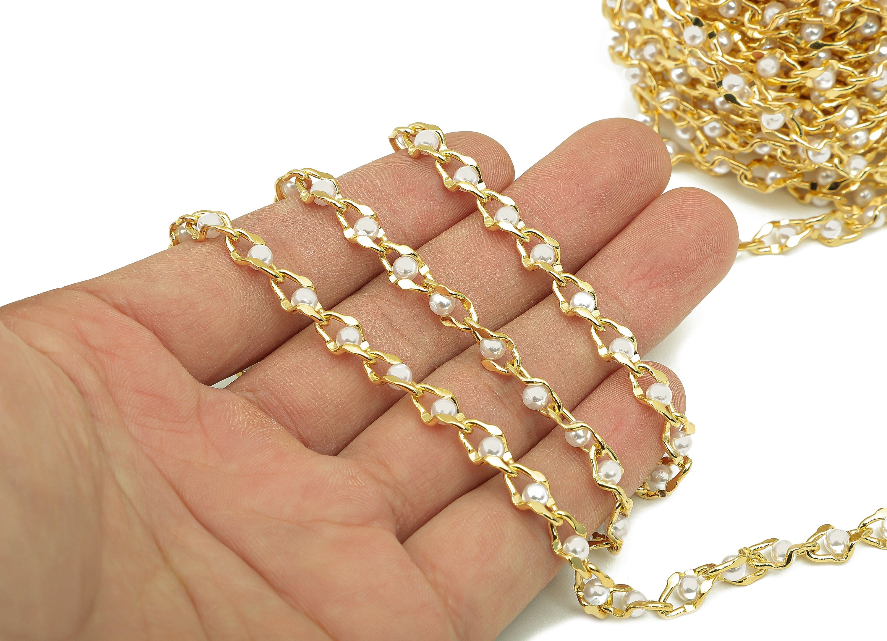 Brass Hammered Cable Chain - Gold Curb Chain - Pearl Bead Chain - Gift For Her For Necklace - 18K Chains - 11x5.8x3.8mm - RGP5907 - DOMEDBAZAAR