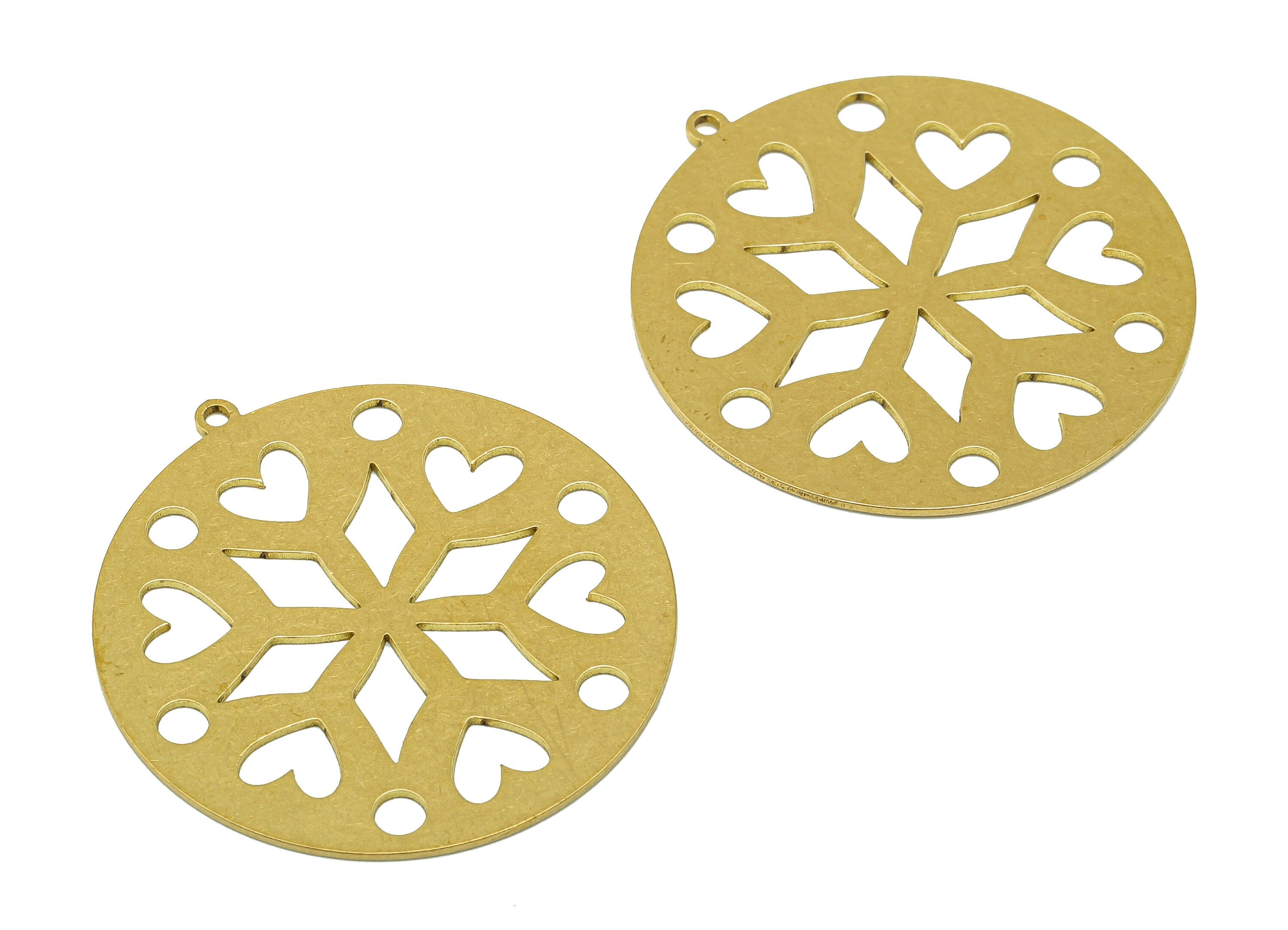Brass Round Flower Earring Charm - Raw Brass Heart Cutout Earring - Diamond Pendant With Loop - Circle Charm - 37.81x35.63x0.68mm - PPA7006 - DOMEDBAZAAR