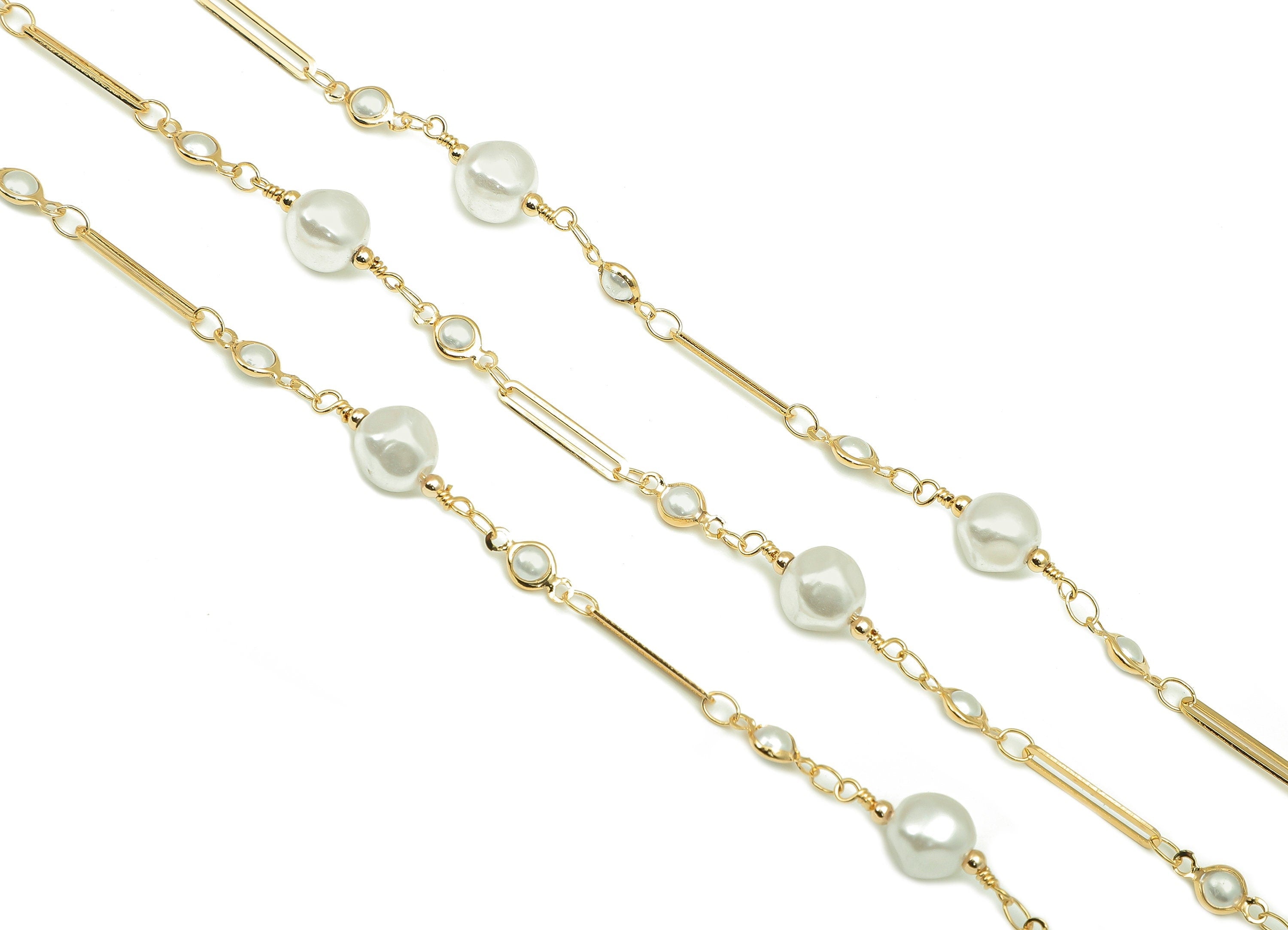 Brass Long Rectangle Chain - Gold Bar Satellite Chain - Pearl Satellite Chain - 18K Chains For Necklace - 19.8x7.7x7.7mm - RGP5909 - DOMEDBAZAAR
