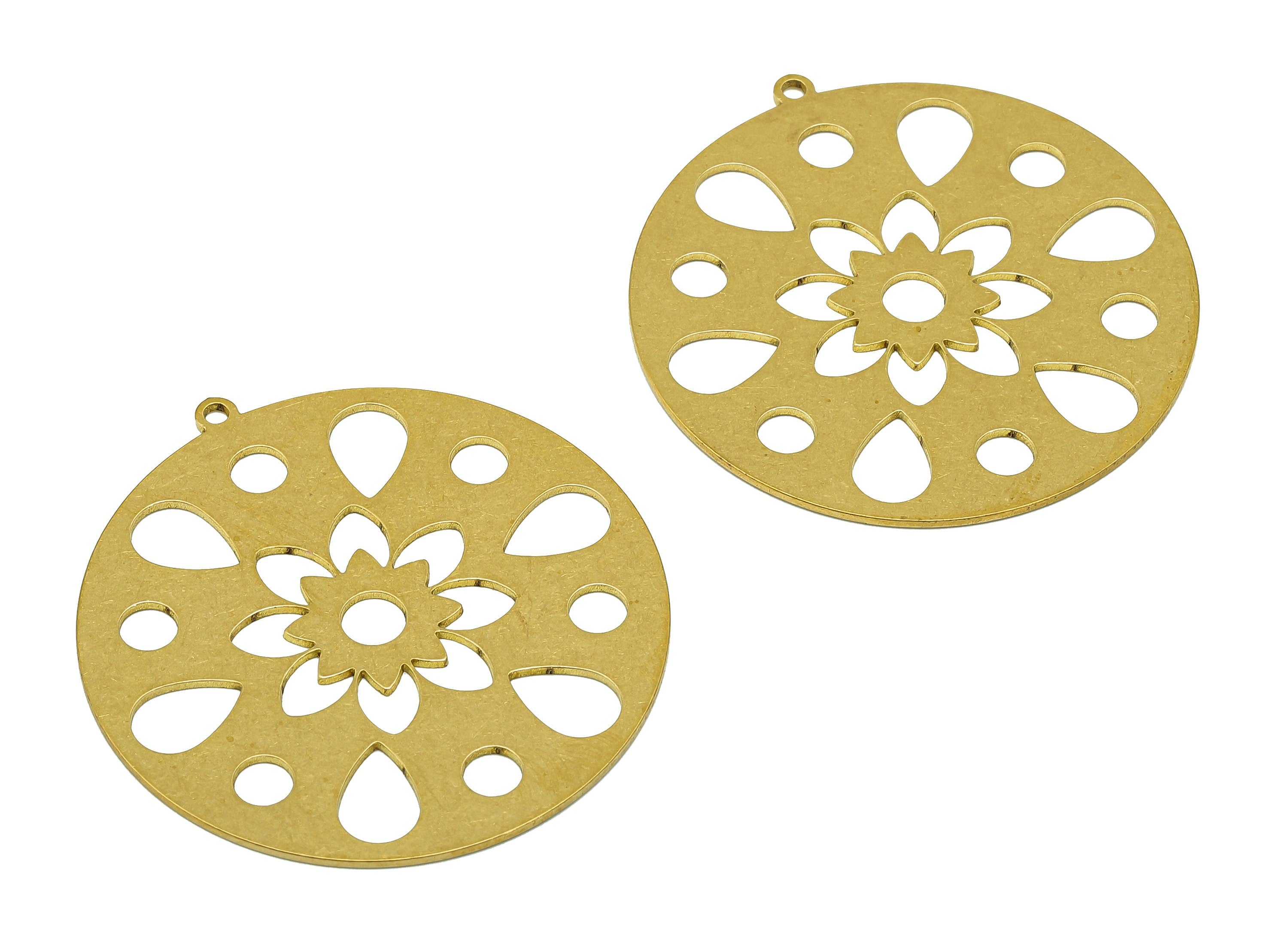 Brass Round Flower Earring Charm - Raw Brass Drop Cutout Earring - Circle Pendant With Loop - For Necklace - 39.89x37.69x0.68mm - PPA7008 - DOMEDBAZAAR
