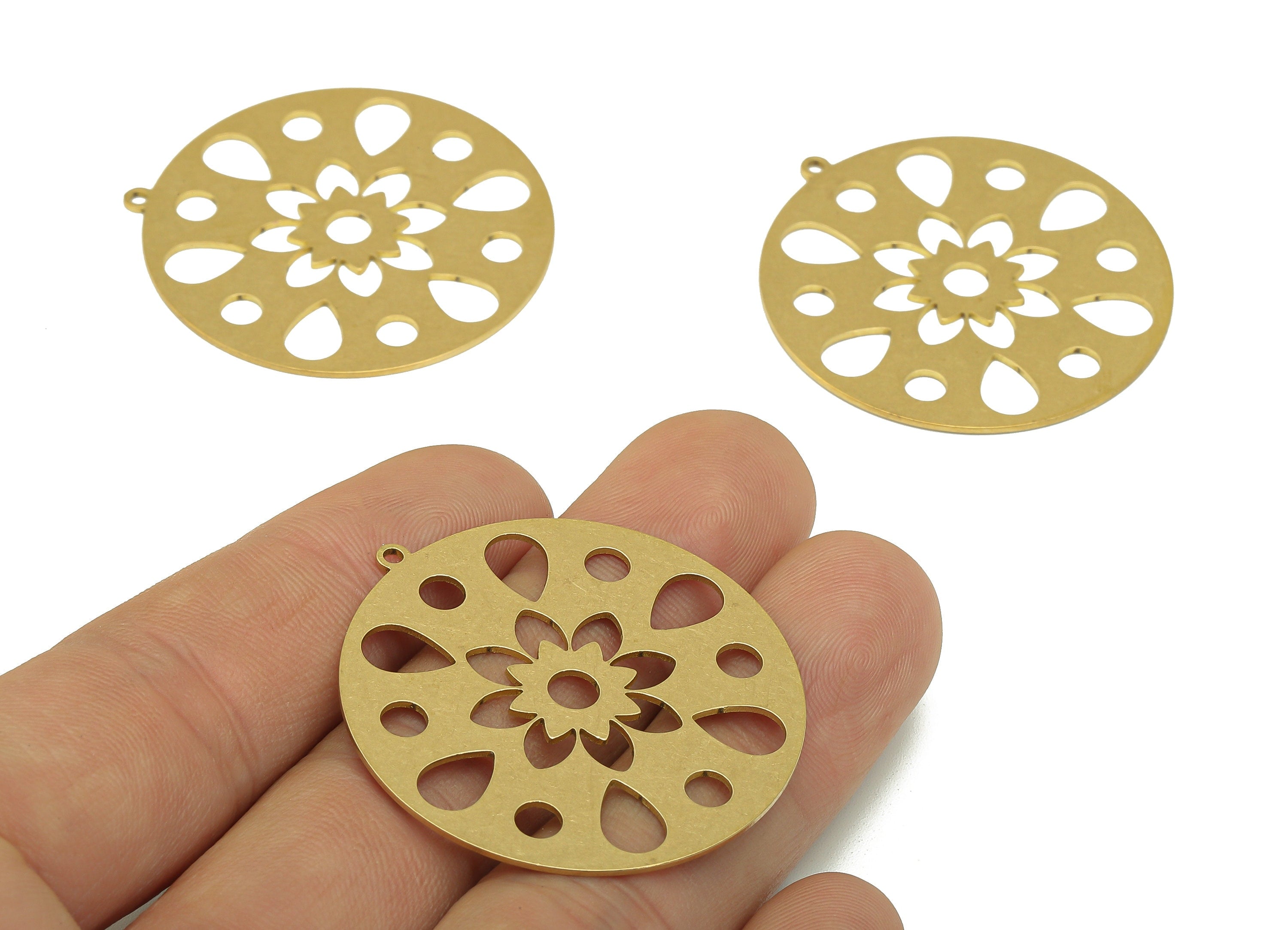 Brass Round Flower Earring Charm - Raw Brass Drop Cutout Earring - Circle Pendant With Loop - For Necklace - 39.89x37.69x0.68mm - PPA7008 - DOMEDBAZAAR