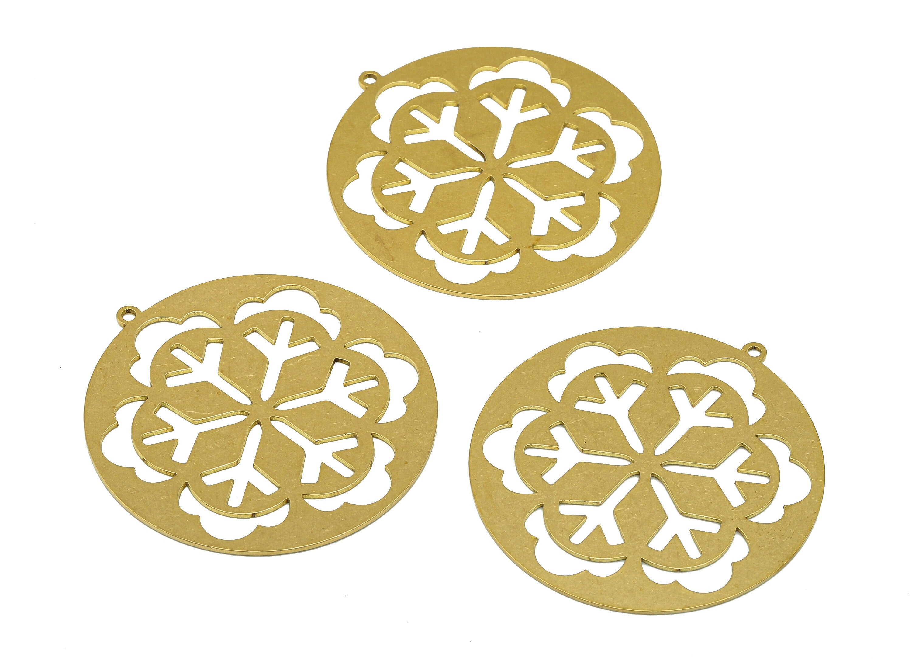 Brass Round Snowflake Earring Charm - Raw Brass Flower Cutout Earring - Circle Pendant With Loop - For Necklace - 41.9x39.6x0.68mm - PPA7012 - DOMEDBAZAAR