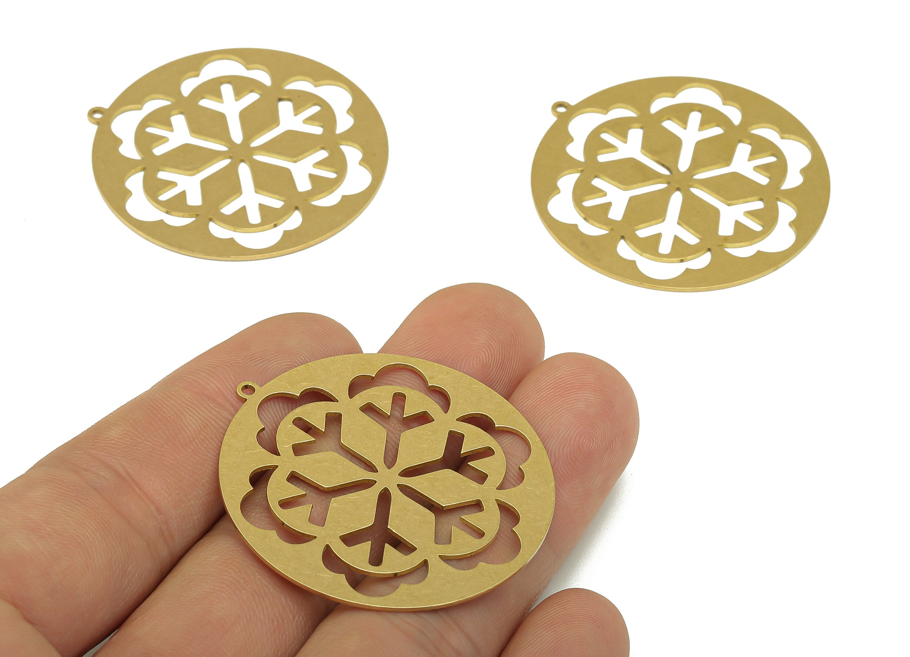 Brass Round Snowflake Earring Charm - Raw Brass Flower Cutout Earring - Circle Pendant With Loop - For Necklace - 41.9x39.6x0.68mm - PPA7012 - DOMEDBAZAAR