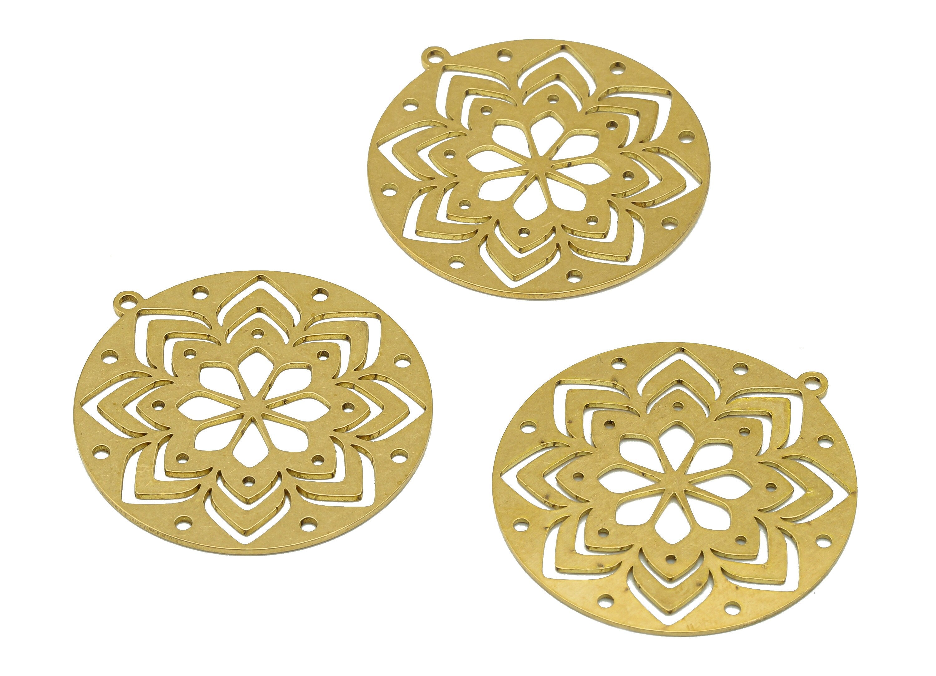 Brass Round Flower Earring Charms - Raw Brass Botanical Cutout Earring - Circle Pendant With Loop - For Necklace - 34.8x32.6x0.7mm - PPA7014 - DOMEDBAZAAR