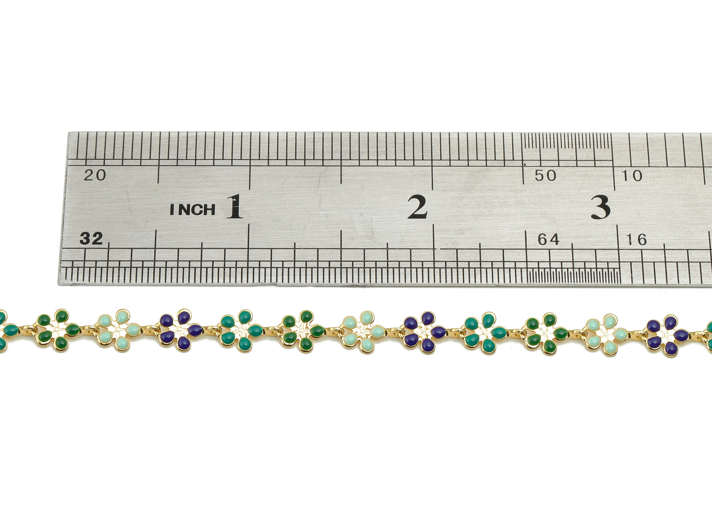 Enamel Daisy Chain - Satellite Bead Cable Chain - Green Navy Flower Bead Chain - 18K Chains - 9.48x5.9x0.77mm - RGP5798A - DOMEDBAZAAR
