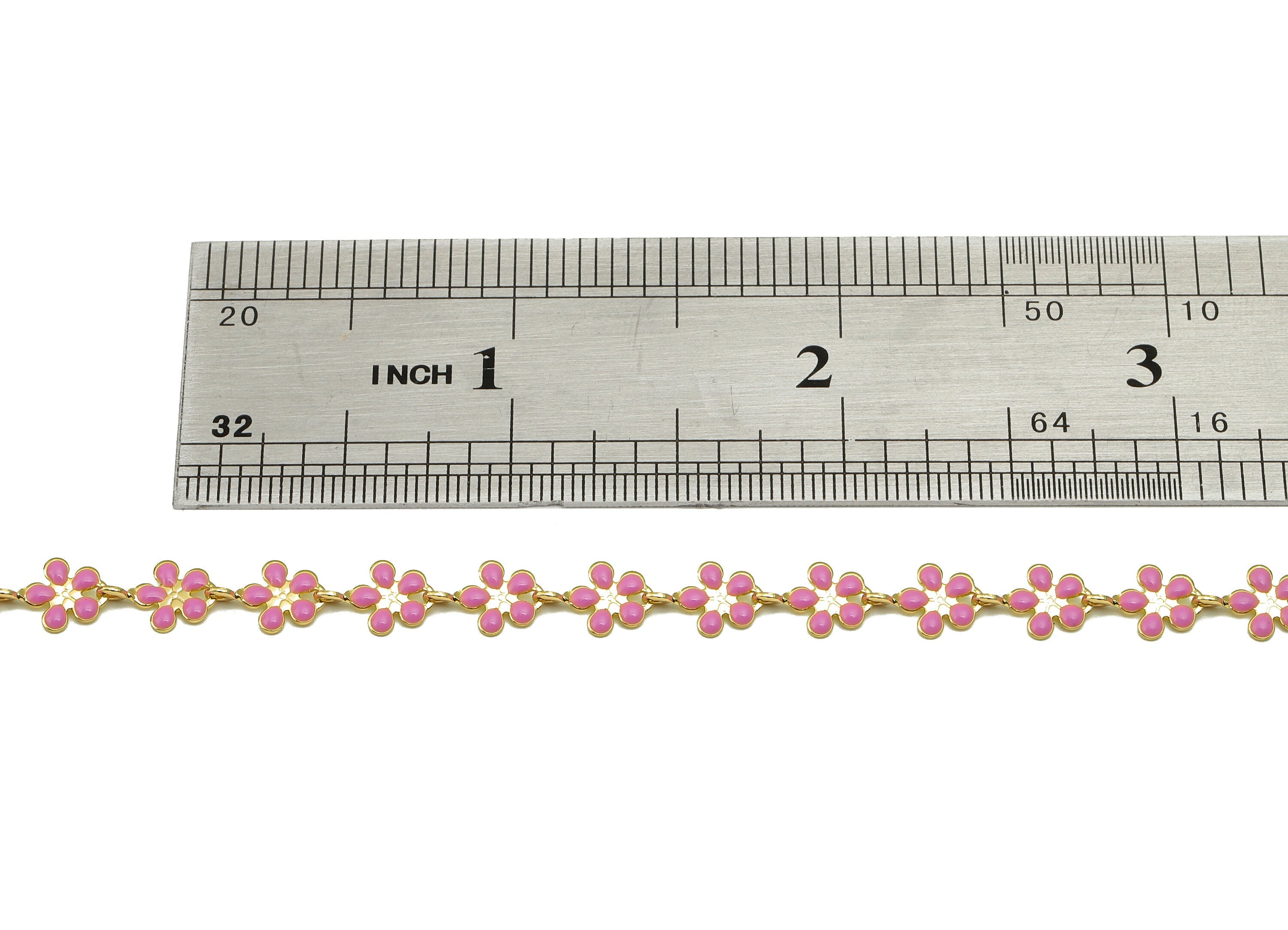 Enamel Daisy Chain - Satellite Bead Cable Chain - Pink Flower Bead Chain - 18K Chains - 9.48x5.9x0.77mm - RGP5798B - DOMEDBAZAAR