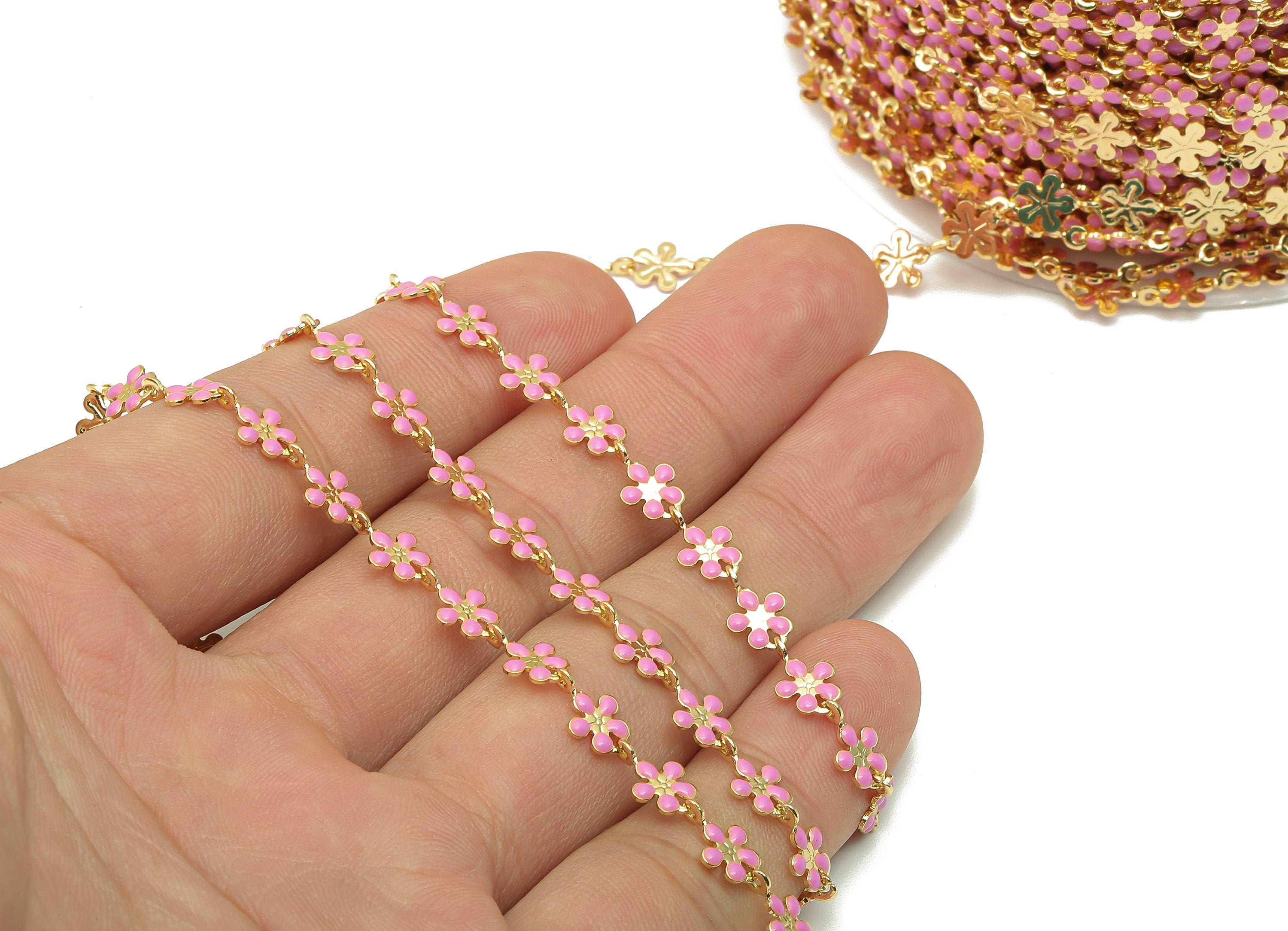 Enamel Daisy Chain - Satellite Bead Cable Chain - Pink Flower Bead Chain - 18K Chains - 9.48x5.9x0.77mm - RGP5798B - DOMEDBAZAAR