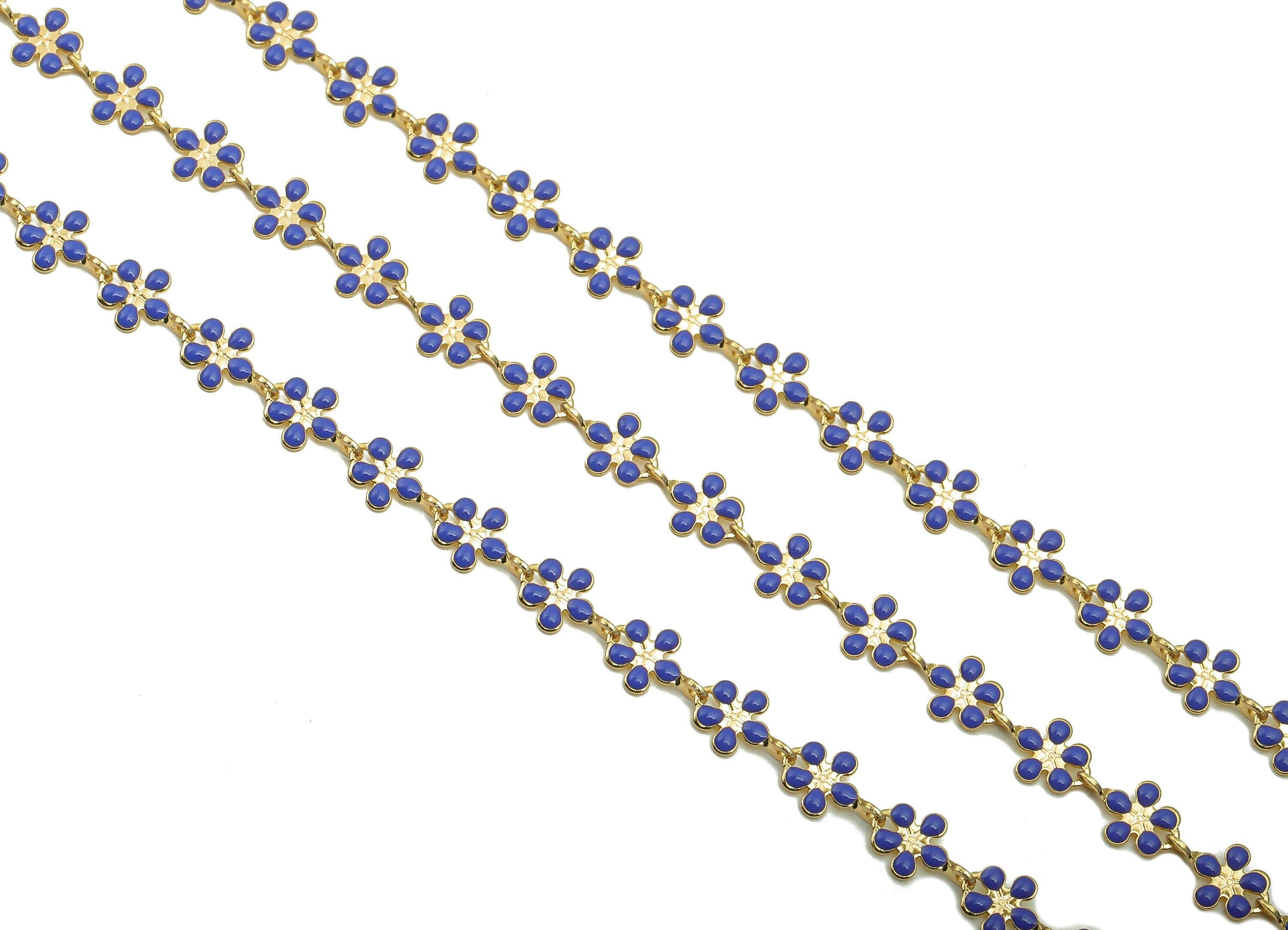 Enamel Daisy Chain - Satellite Bead Cable Chain - Blue Flower Bead Chain - 18K Chains - 9.48x5.9x0.77mm - RGP5798C - DOMEDBAZAAR