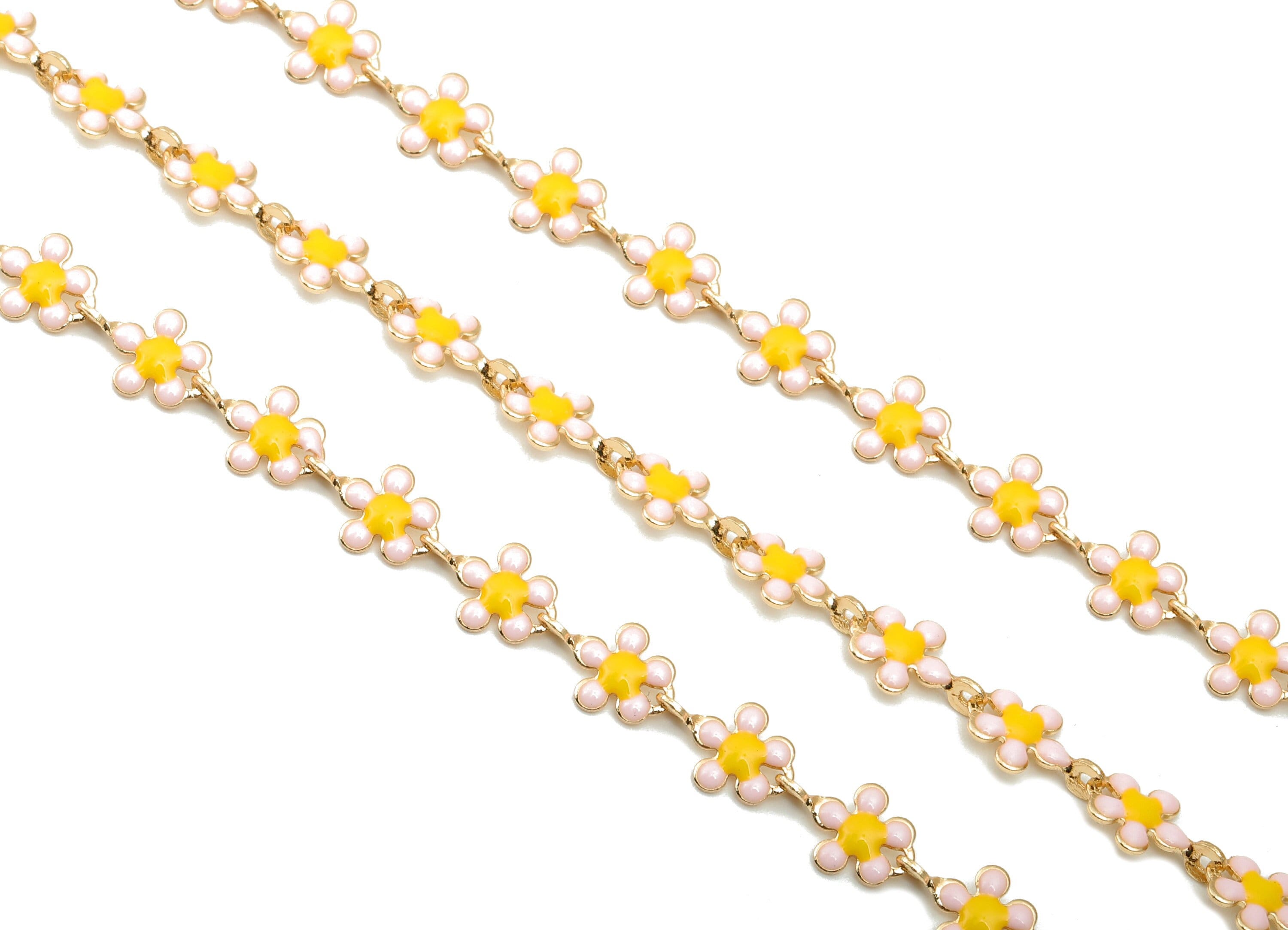 Enamel Daisy Chain - Satellite Bead Cable Chain - Yellow Pink Flower Bead Chain - 18K Chains - 9.48x5.9x0.77mm - RGP5798D - DOMEDBAZAAR