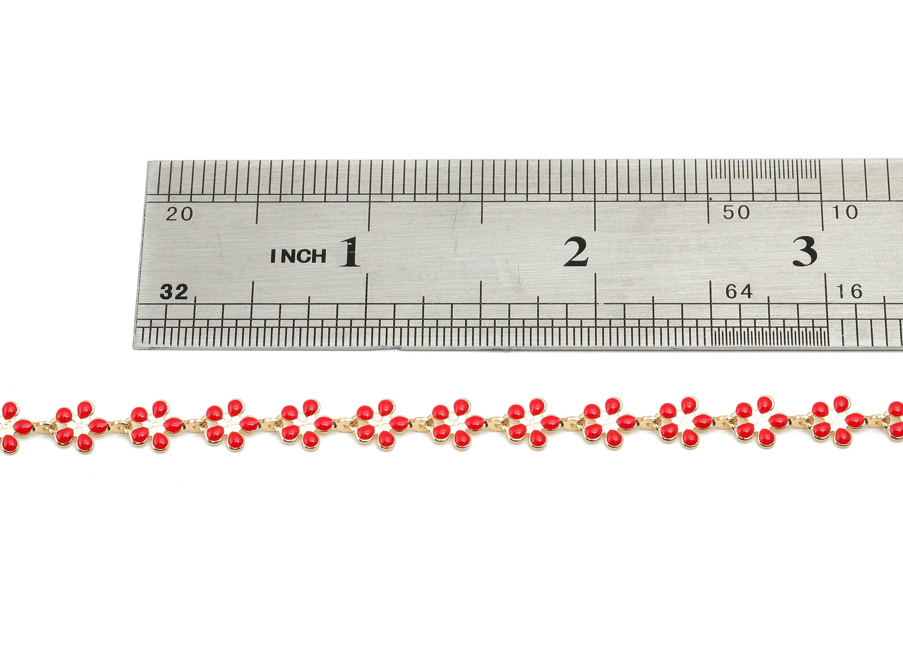 Enamel Daisy Chain - Satellite Bead Cable Chain - Red Flower Bead Chain - 18K Chains - 9.48x5.9x0.77mm - RGP5798E - DOMEDBAZAAR
