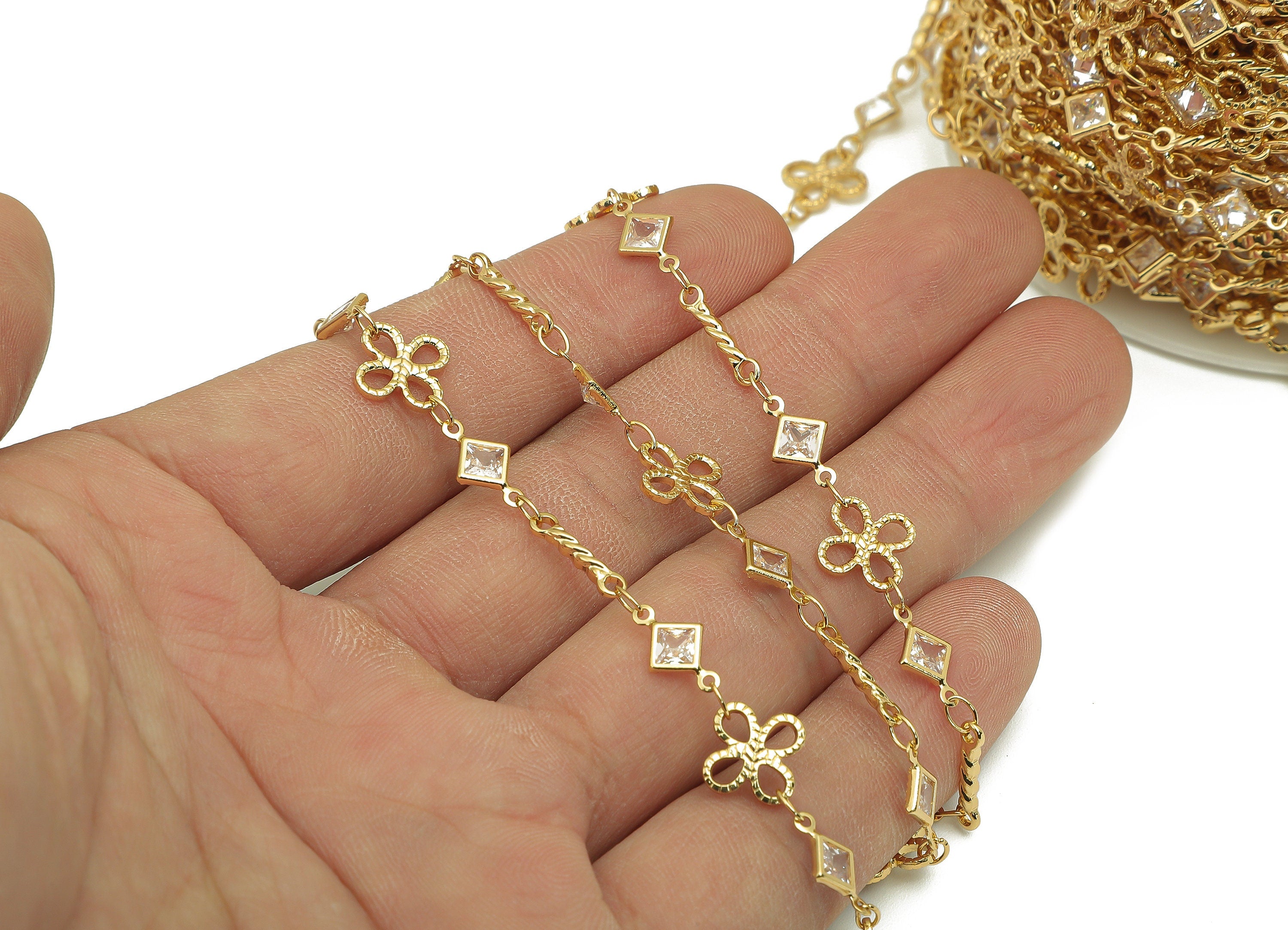 Brass Flower Link Chain - Gold Link Chain - Cubic Zirconia CZ Link Chain - Bracelet Chain - 18K Chains - 34.9x10.1x2.2mm -RGP6435 - DOMEDBAZAAR