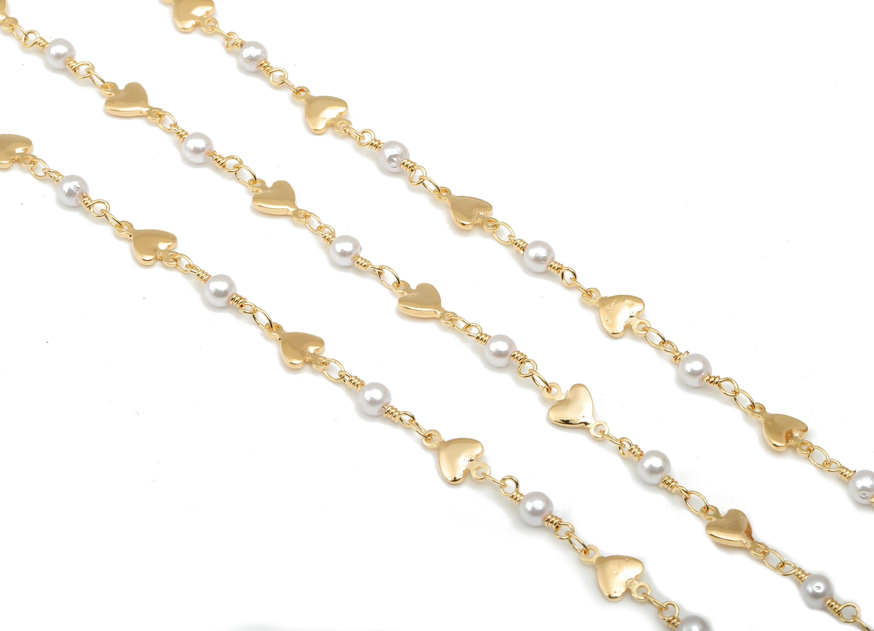 Pearl Satellite Chain - Brass Heart Beaded Chain - Heart Bead Chain - 18K Chains Necklace - 23.07x5.97x3.83mm - RGP5799 - DOMEDBAZAAR