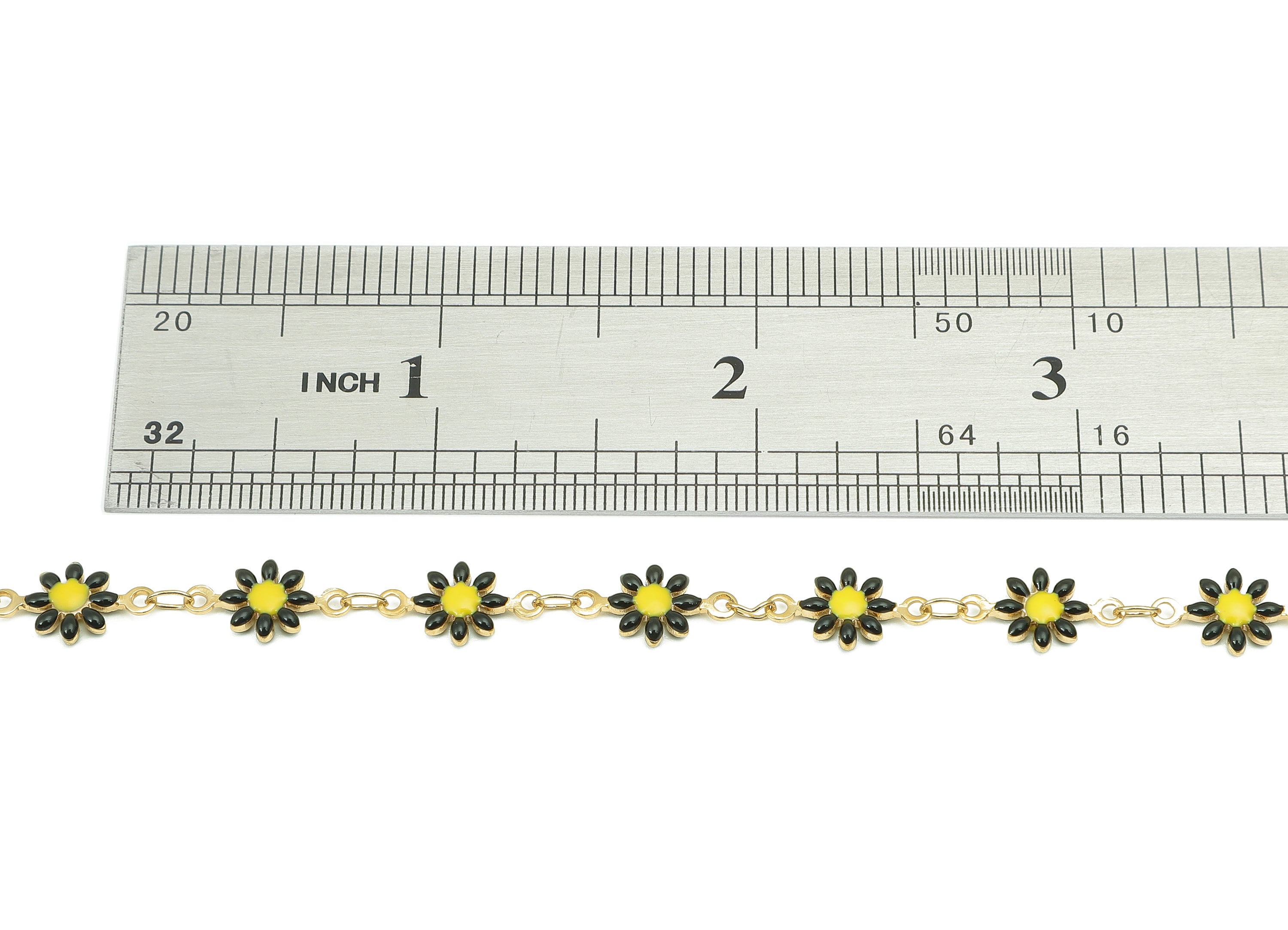 Brass Daisy Chain - Enamel Black Flower Chains - Floral Link Chain Findings - For Bracelet - 18K Real Gold Plating - 13x7.2x2mm - RGP4534 - DOMEDBAZAAR
