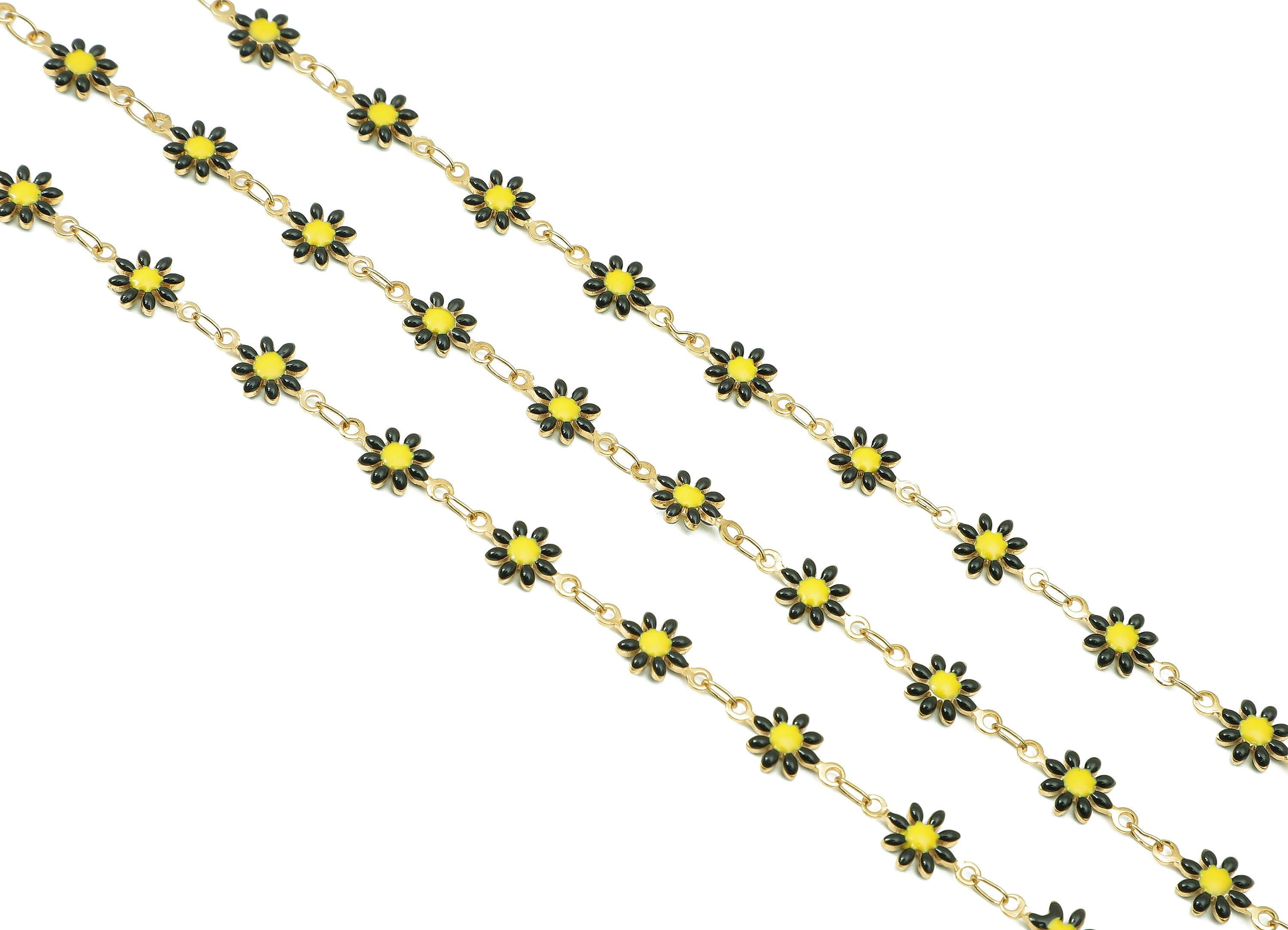 Brass Daisy Chain - Enamel Black Flower Chains - Floral Link Chain Findings - For Bracelet - 18K Real Gold Plating - 13x7.2x2mm - RGP4534 - DOMEDBAZAAR