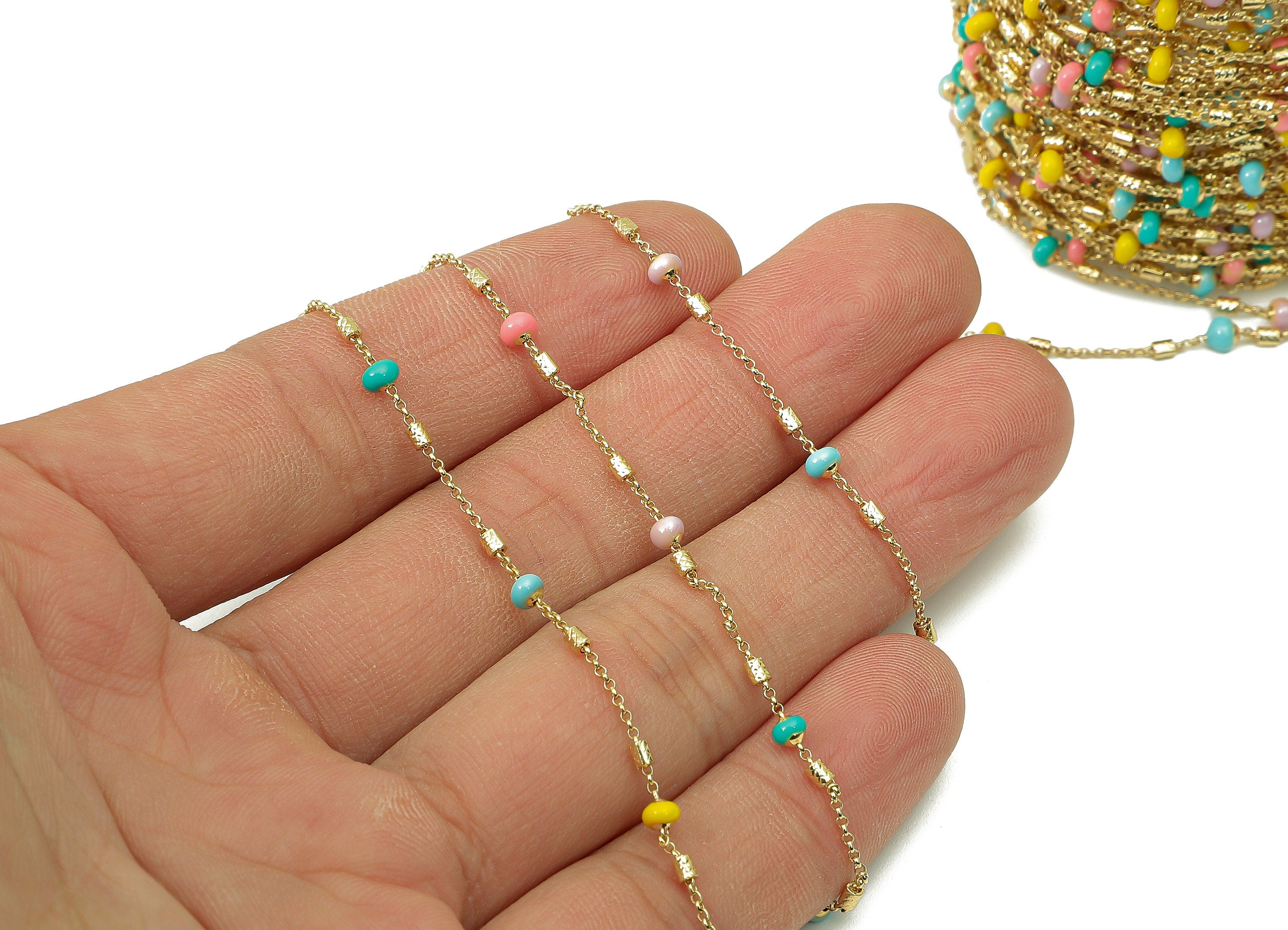 Brass Rolo Beaded Chain - Enamel Rainbow Bead Satellite Chain - Beaded Rolo Chain - 18K Real Gold Plating Bracelet - 14x2.7x1.7mm - RGP4535 - DOMEDBAZAAR