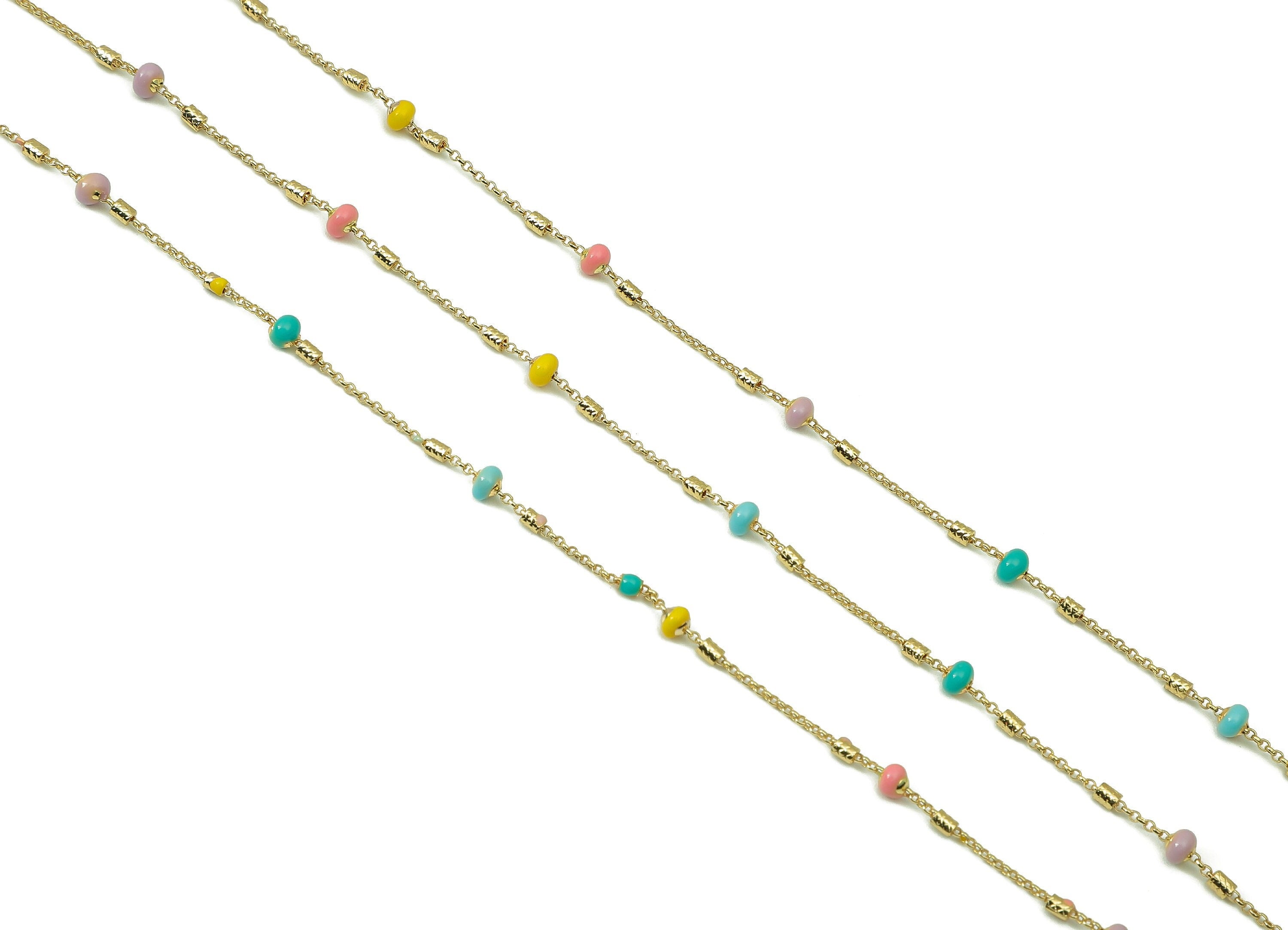 Brass Rolo Beaded Chain - Enamel Rainbow Bead Satellite Chain - Beaded Rolo Chain - 18K Real Gold Plating Bracelet - 14x2.7x1.7mm - RGP4535 - DOMEDBAZAAR