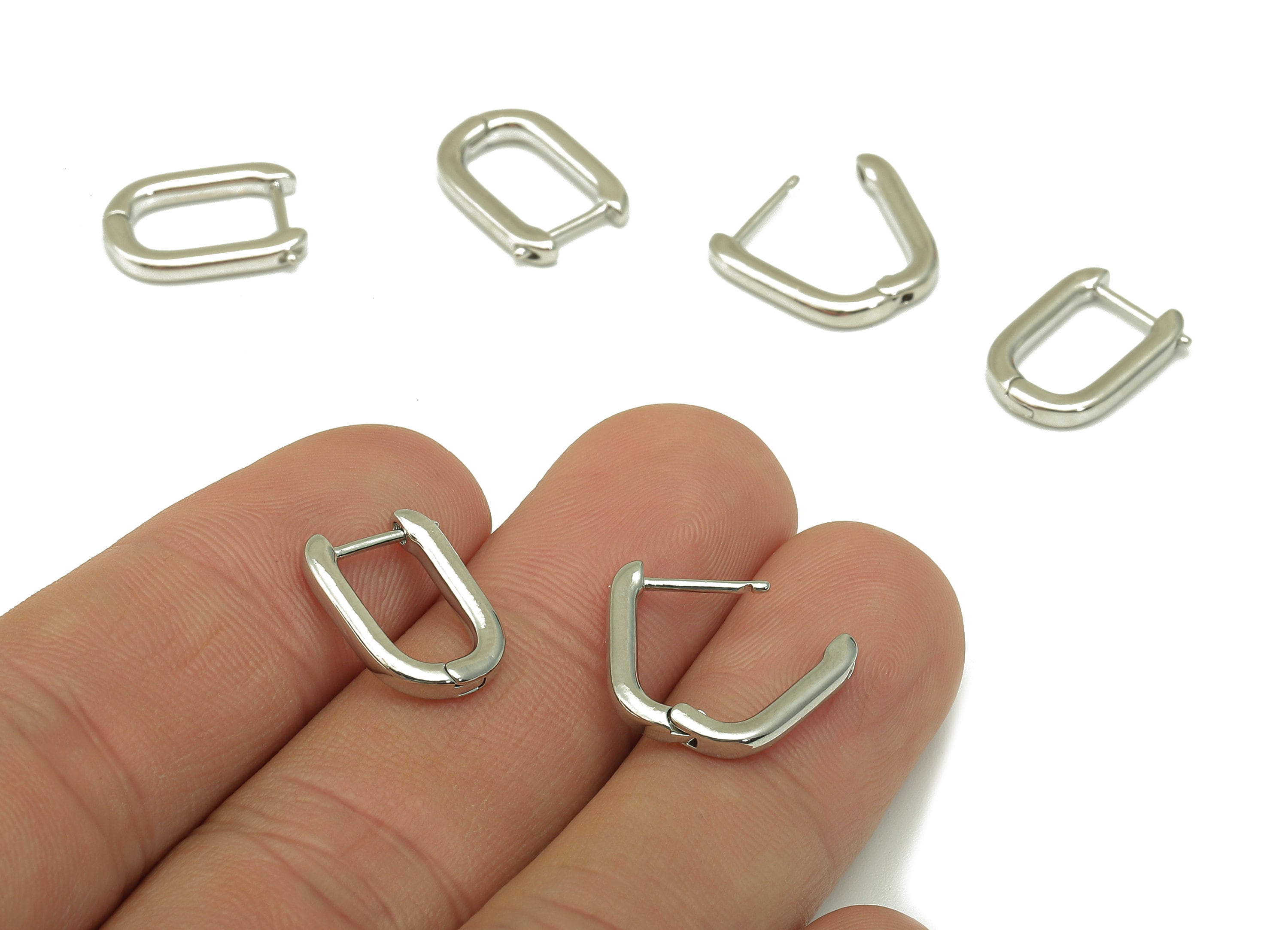 Brass Shell Oval Rectangle Hoop Earrings - Small Huggie Hoop Earrings - 18k Real White Gold Plating - 14.9x10.2x2.12mm - RGP3200S - DOMEDBAZAAR