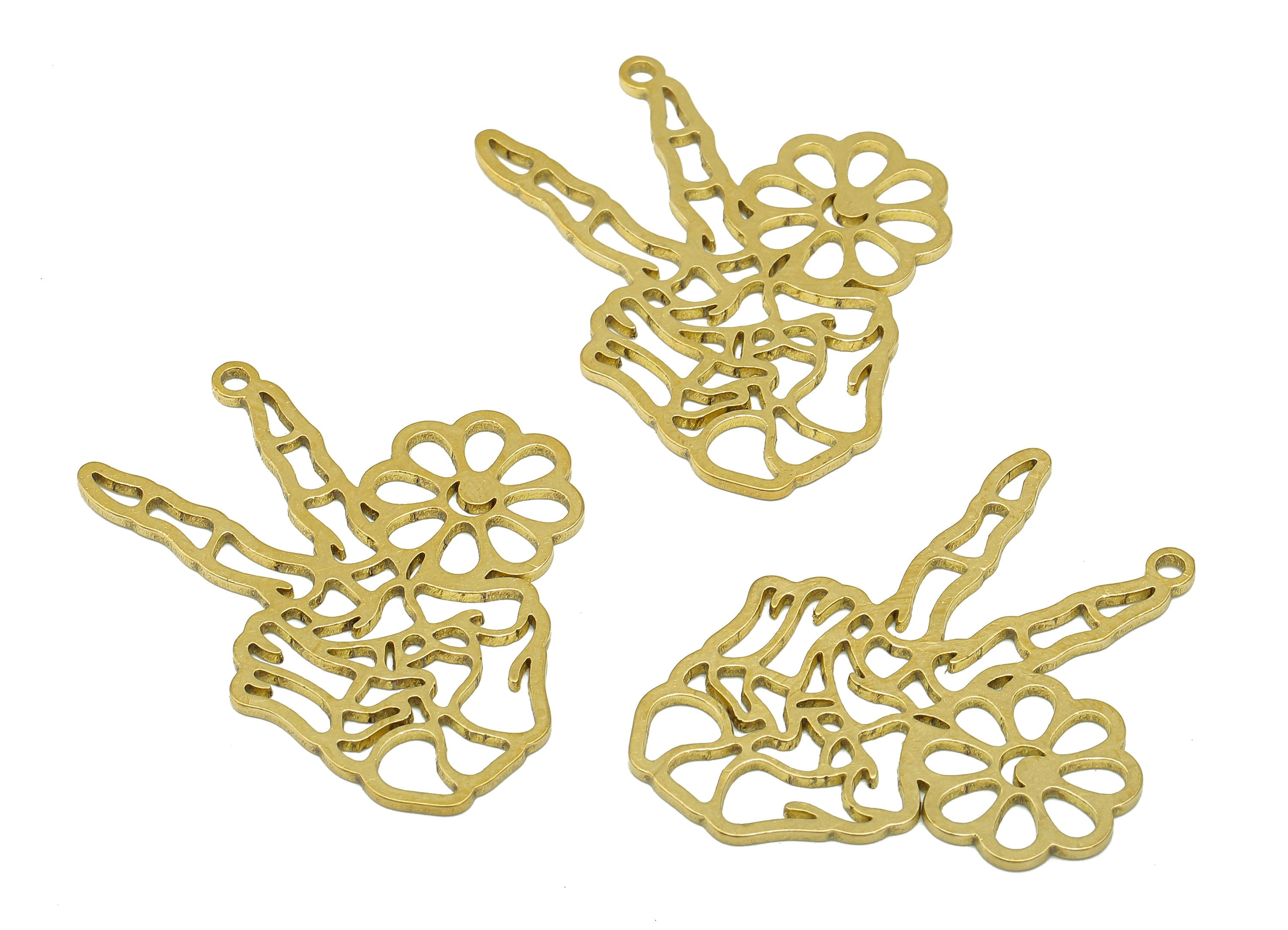 Brass Hand Sign Earring Charms - Raw Brass Hand Victory Earring - Flower Pendant With Loop - For Necklace - 32x34.8x0.74mm - PPZ0200 - DOMEDBAZAAR