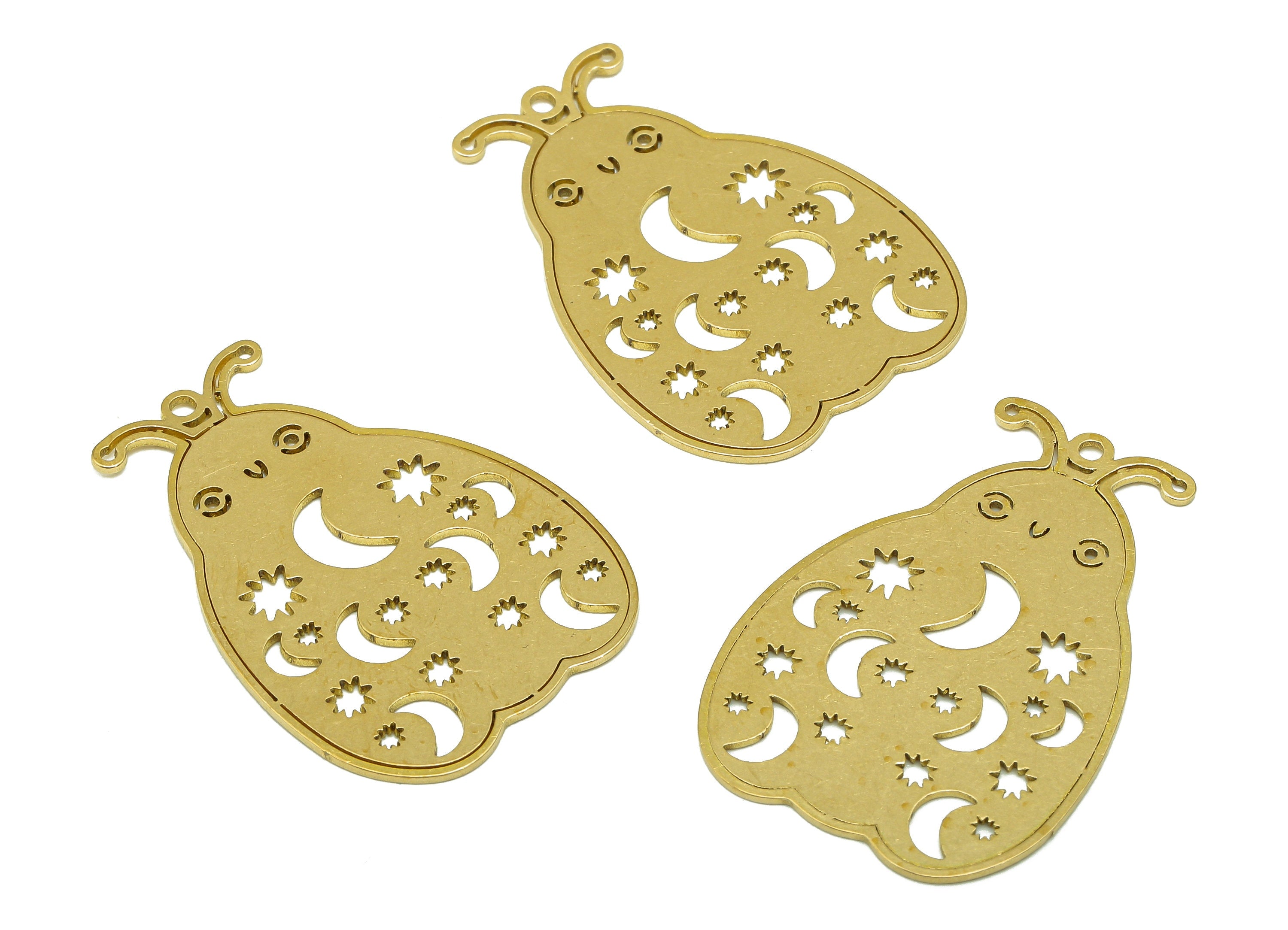 Brass Insect Earring Charm - Raw Brass Cutout Star And Moon Ladybug Earring - Insect Pendant With Loop - For Necklace - 35x24x1mm - PPZ0216 - DOMEDBAZAAR