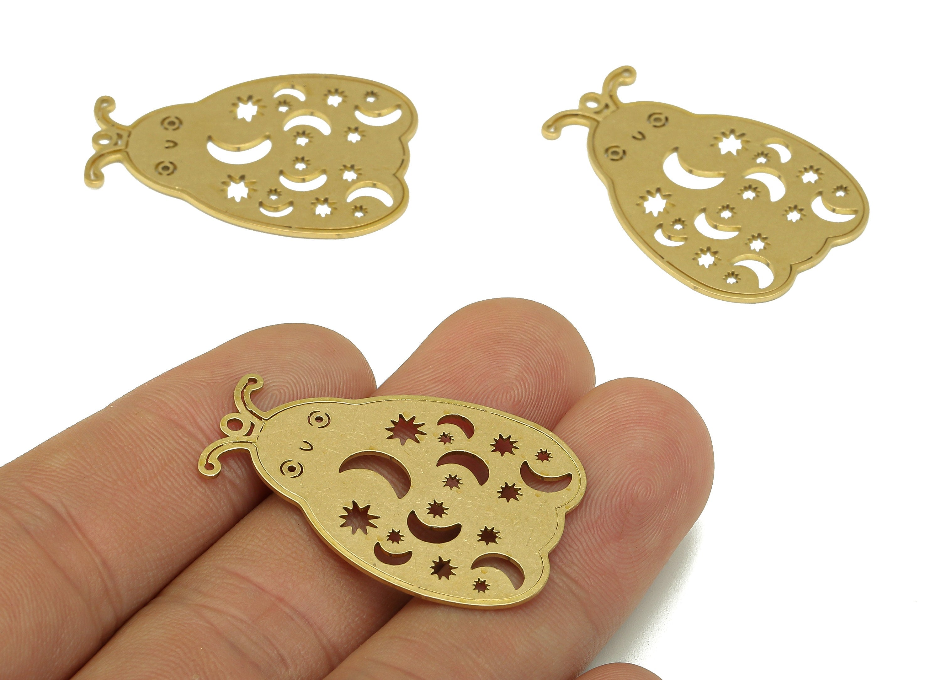 Brass Insect Earring Charm - Raw Brass Cutout Star And Moon Ladybug Earring - Insect Pendant With Loop - For Necklace - 35x24x1mm - PPZ0216 - DOMEDBAZAAR