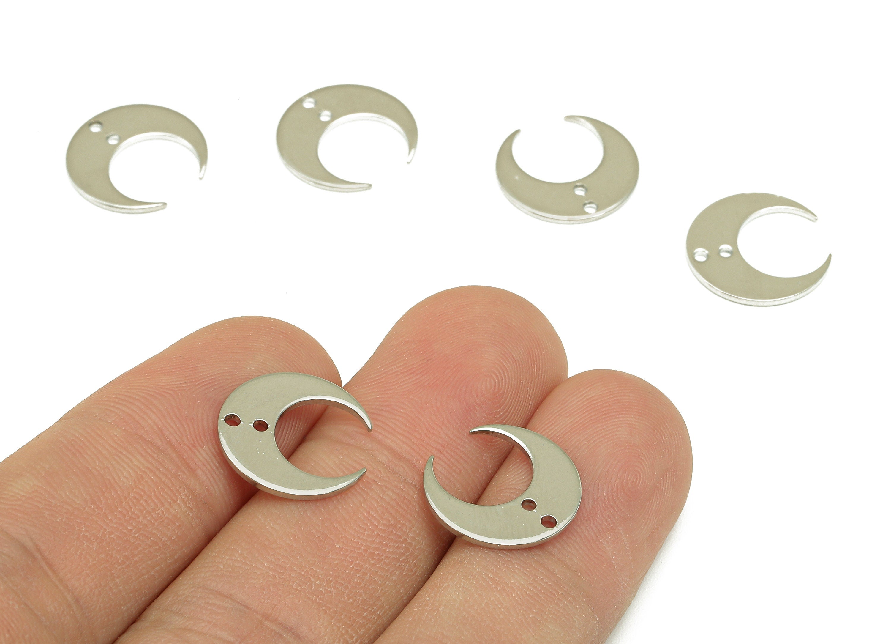 Brass Crescent Earring Connector - Mini Moon Earring - Pendant With 2 Holes - 18K Real White Gold Plating Charm - 14.1x14x0.8mm - RGP4537S - DOMEDBAZAAR