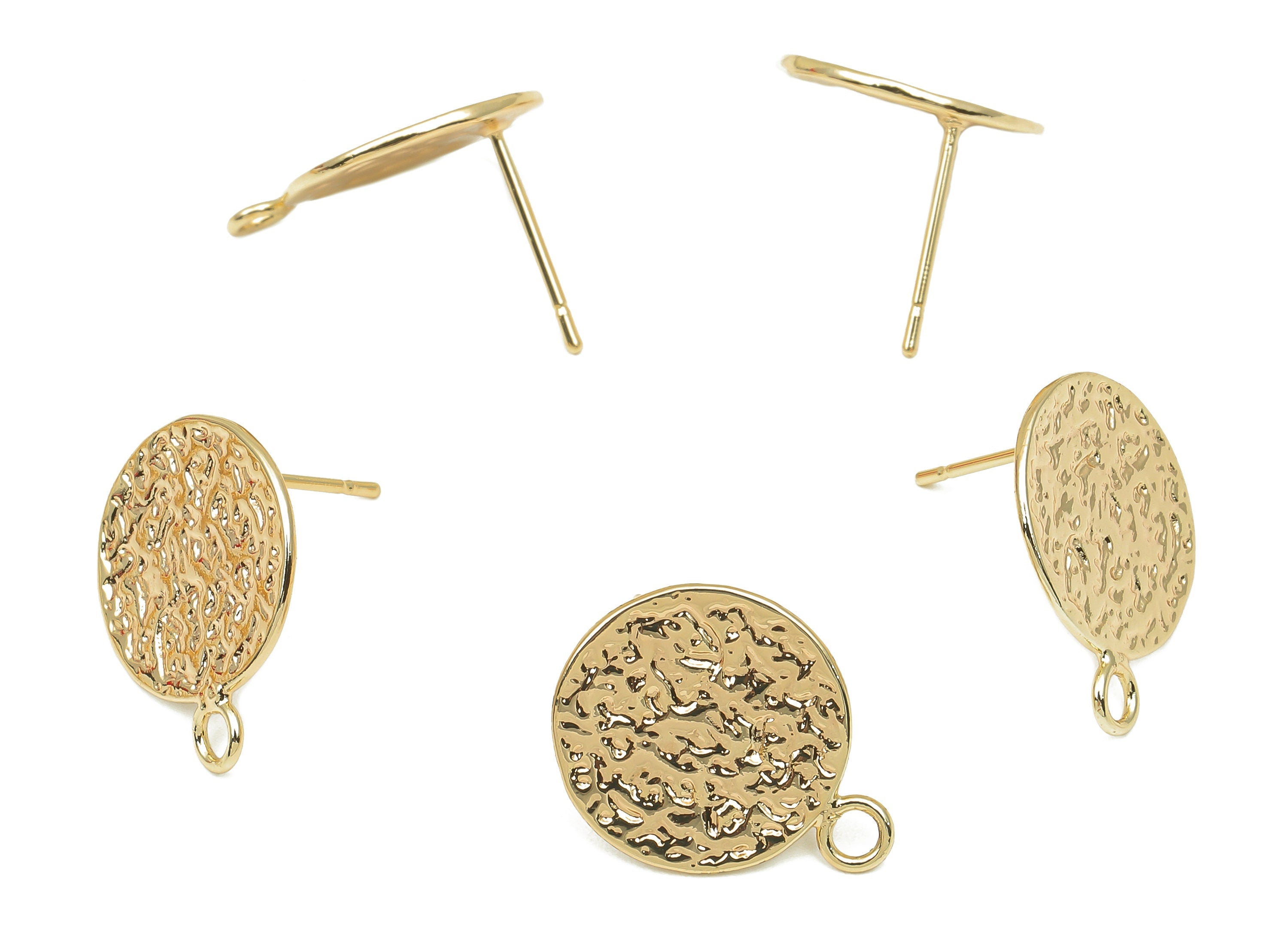 Brass Hammered Round Earring Post - Circle Stud Earring With Loop - 316 Stainless Steel - 18K Real Gold Plating - 17.9x14.2x0.9mm - RGP5760 - DOMEDBAZAAR